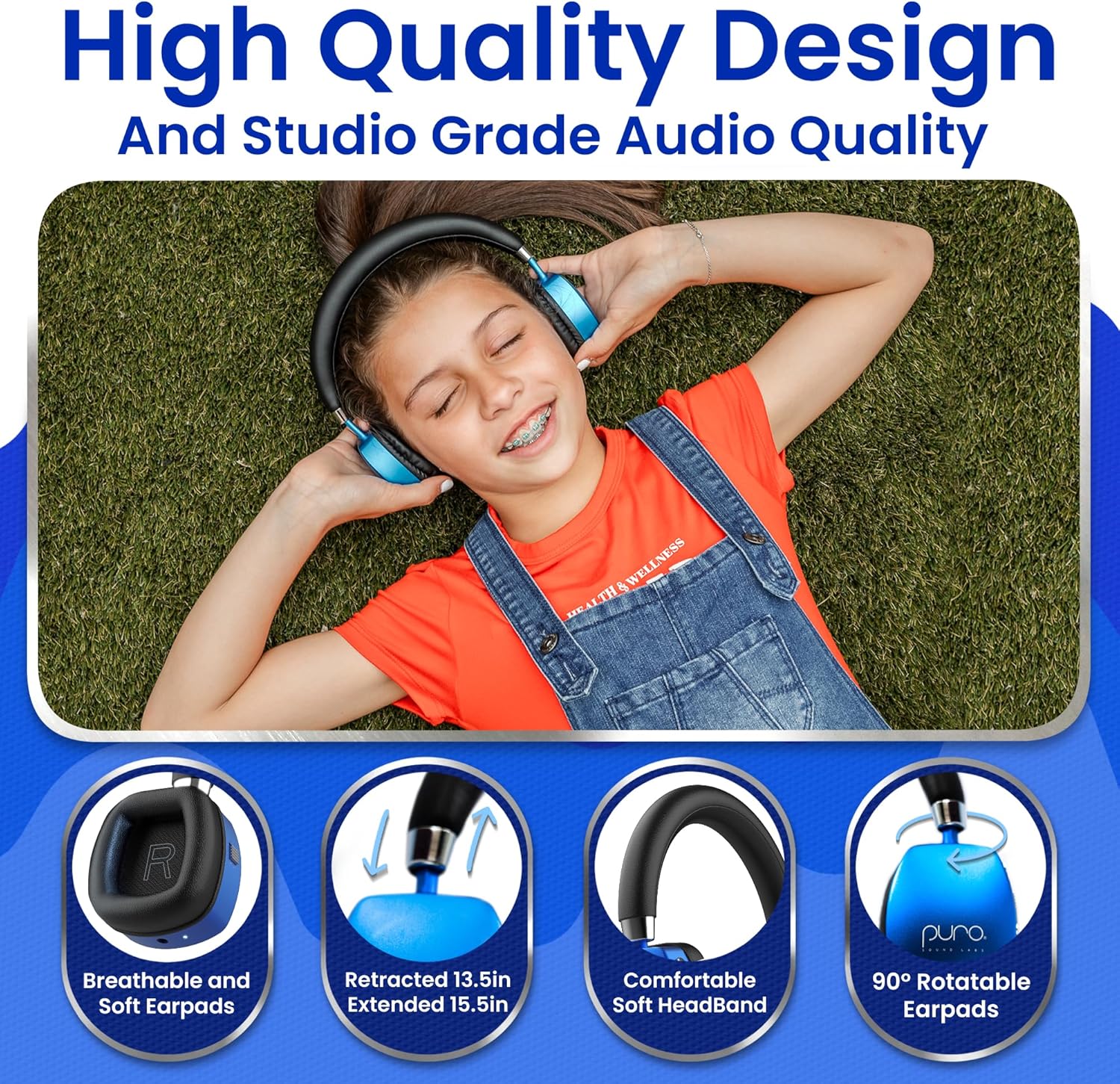 Puro Sound Labs Noise Cancelling Headphones for Kids - 85 dB Volume Limit, Built in Mic, 35-Hour Battery, Lightweight On Ear Design & Comfy Fit, Bluetooth Headphones for Kids – PuroQuiet Plus, Blue