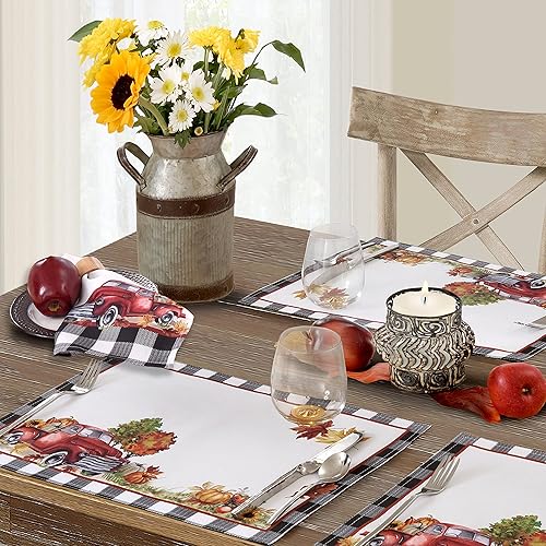 Miniatura 3 de Newbridge Juego de 4 manteles individuales de tela con borde de granjacamión de granja de Acción de Gracias, juego de 4 manteles individuales con