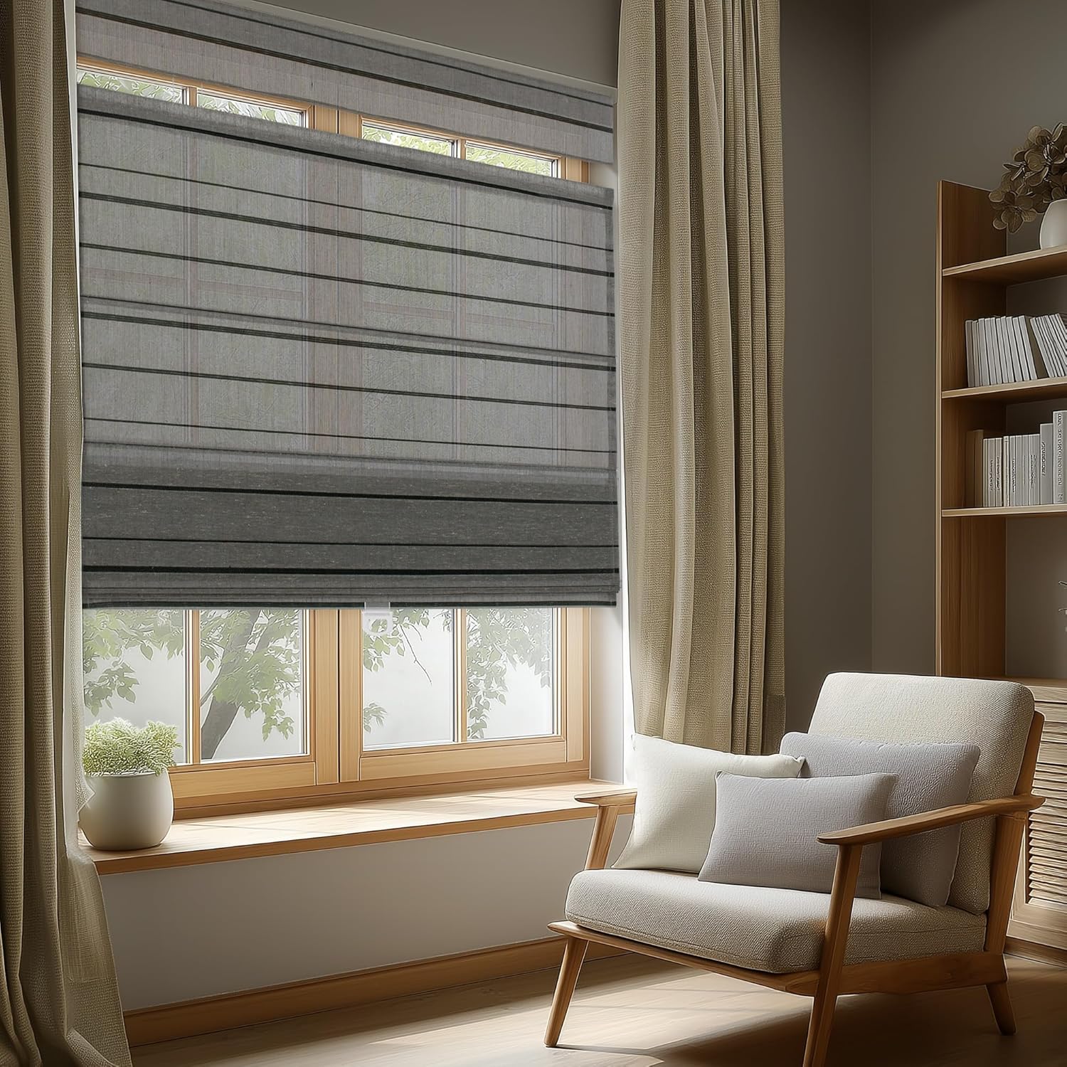 BERISSA No Drill No Tools Roman Shades,Top Down Bottom up Light Filtering Roman Shades,Woven Jute Fabric Blinds for Indoor Windows,Bedroom,Tenement,Easy to Intall,Linen Black,22" W x 72" H