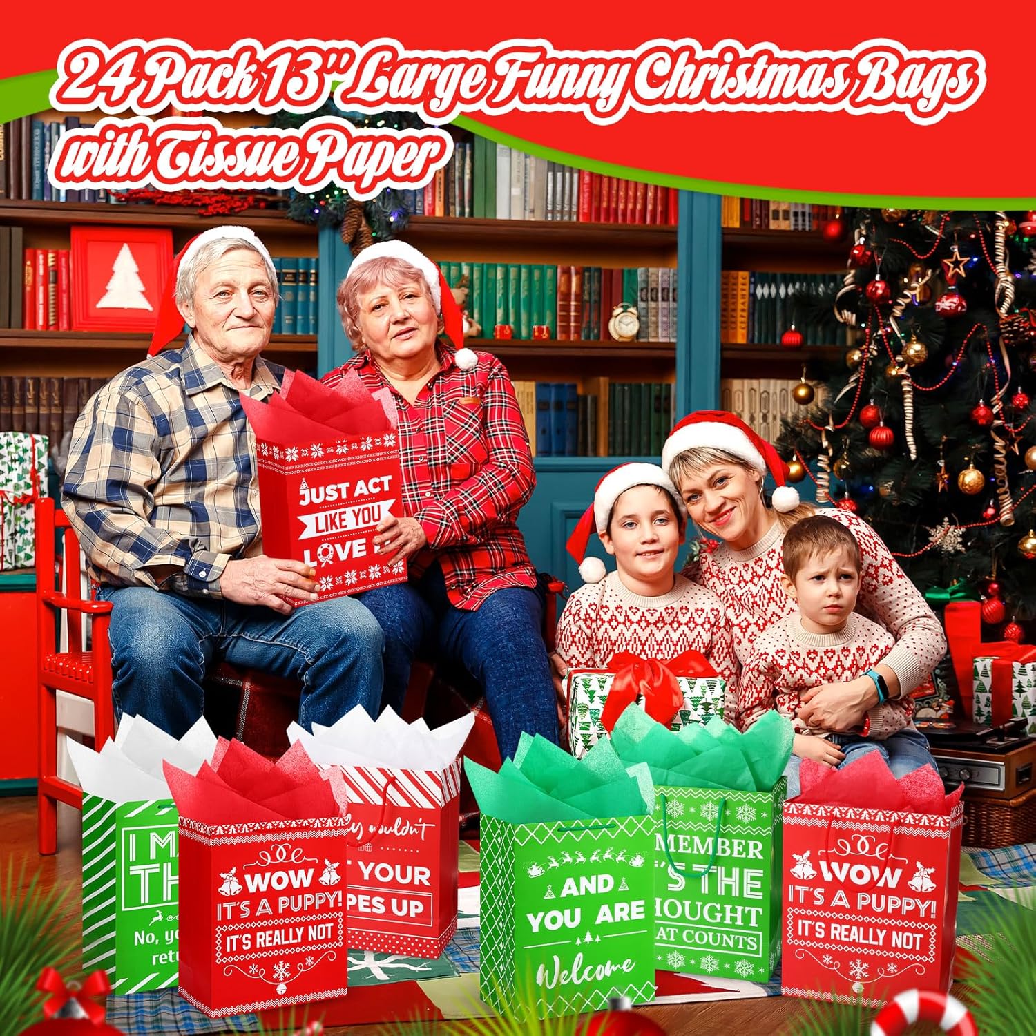 Qilery 24 Pack 13'' Large Funny Christmas Bags with Tissue Paper Xmas Gift Bags for Adults Christmas Wrapping Paper Funny Birthday Gift Bags with Handles for Xmas Party Present