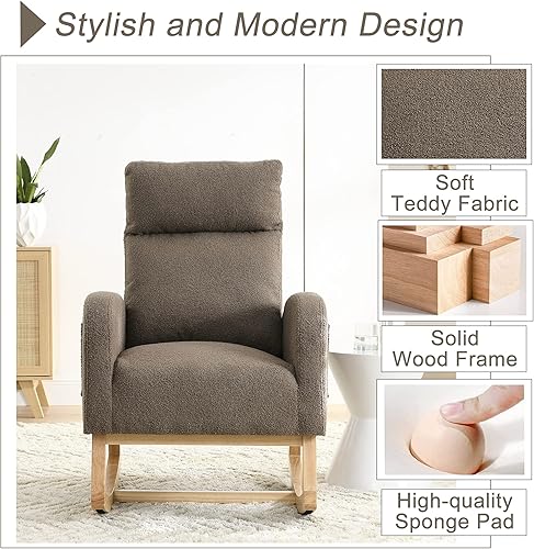 Miniatura 4 de Mecedora para guardería con patas de madera maciza, silla deslizante para guardería con dos bolsillos laterales, sillón mecedor para sala de estar y