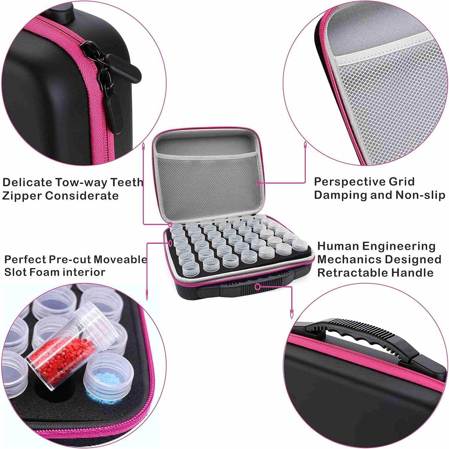 Diamond Painting Storage Containers, 42 Slots PU Shockproof Beads Storage Organizer Case for Diamond Embroidery Painting Art Accessories Sewing Pills Container with 42 Grids Plastic Jars (Pink)