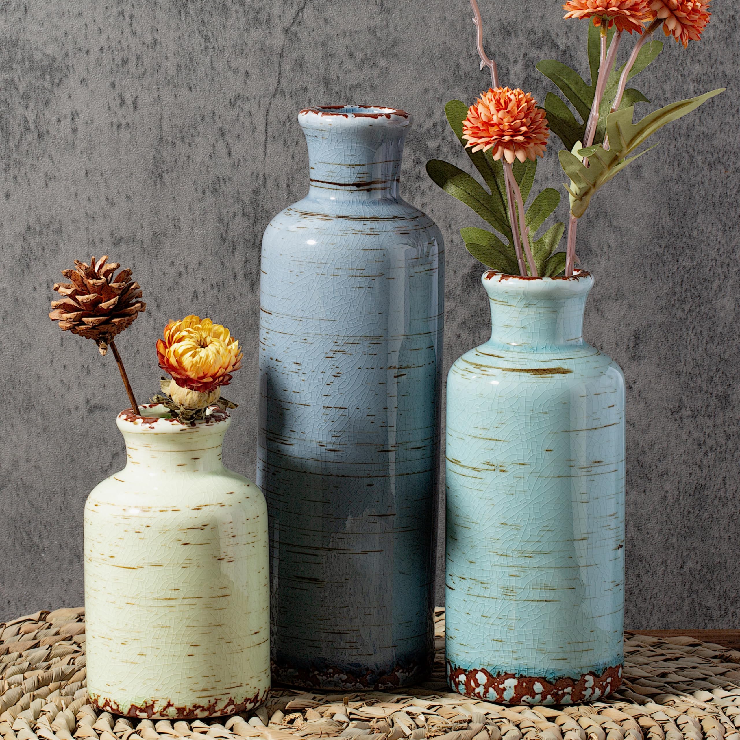 Sawoake Ceramic Vintage Vase Set of 3, Gray Blue Green Crackle Glaze, Chinoiserie Floral Decor for Farmhouse Shelf, Table Centerpiece, Mantel, Living Room & Office