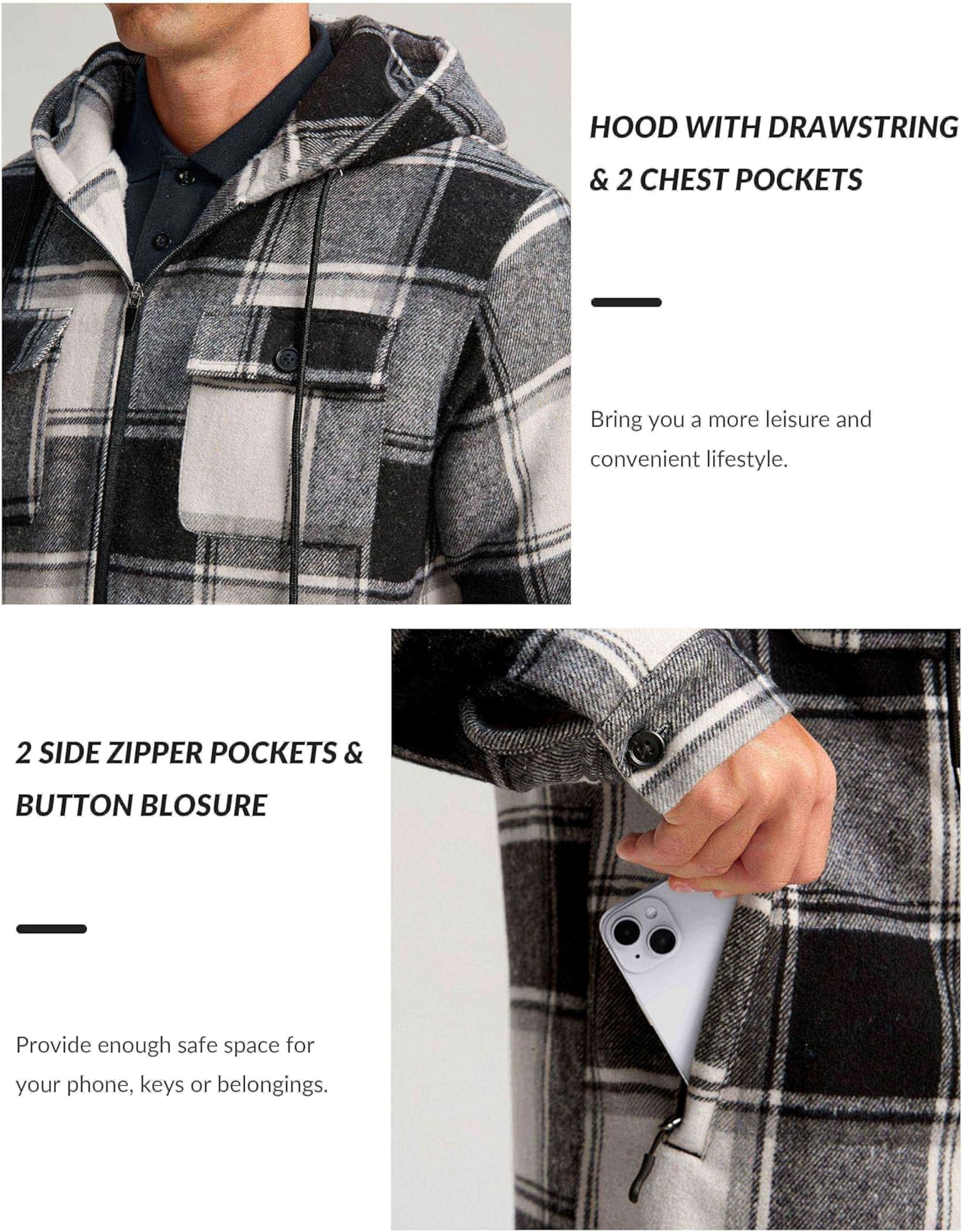 G Gradual Men's Flannel Jacket Fleece Sherpa Lined Hoodies Zip Up Plaid Shirt Warm Winter Jackets for Men with Zipper Pockets - Image 6
