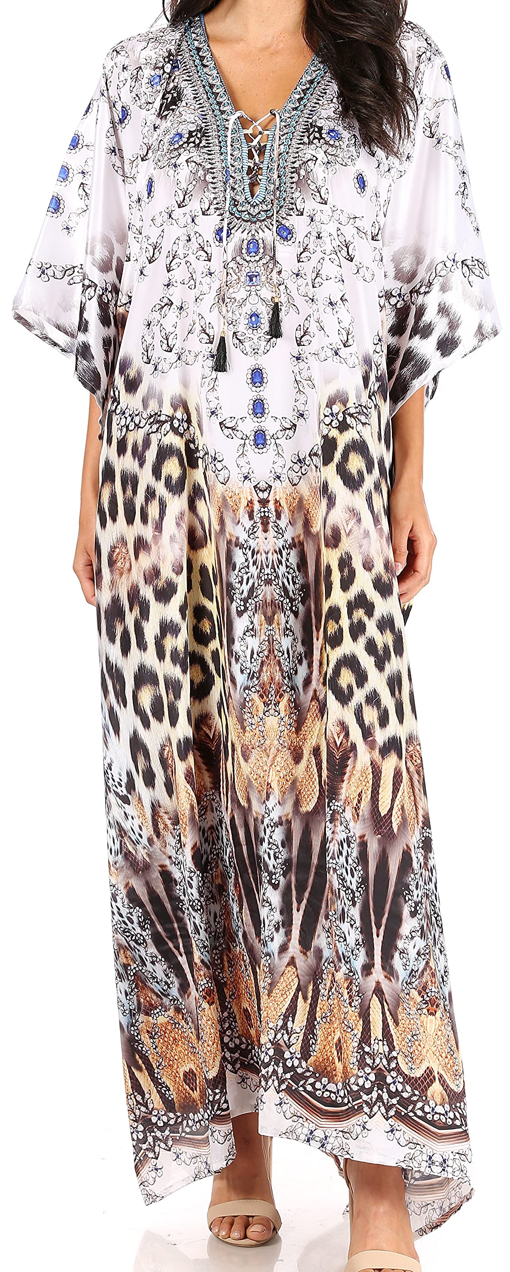 Sakkas Yeni Women's Short Sleeve V-Neck Summer Floral Long Caftan Dress Cover-up