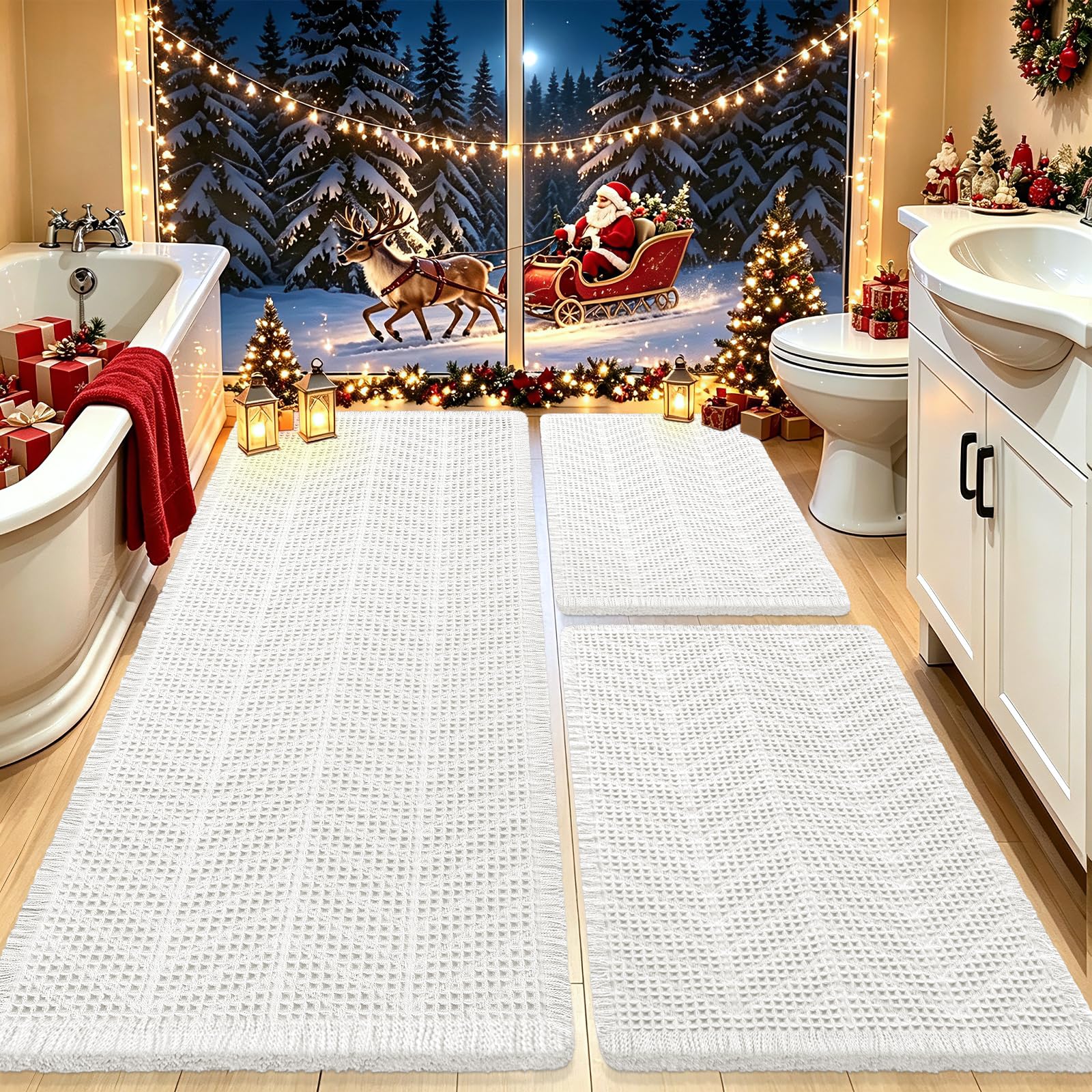 Upgrade Waffle Bath Mat Set 3 Piece, Boho Bathroom Rugs Absorbent Non Slip, Soft Bathroom Mats, Machine Washable Knit Bath Rugs with Herringbones for Bathroom, Bedroom, Kitchen, Shower, Tub, White