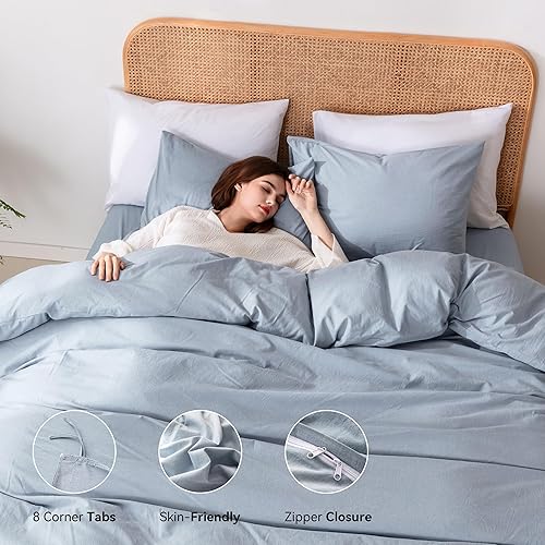 Miniatura 10 de Ventidora Juego de funda de edredón de 2 piezas, tamaño individual, 100% algodón orgánico lavado, con textura, juego de ropa de cama suave y