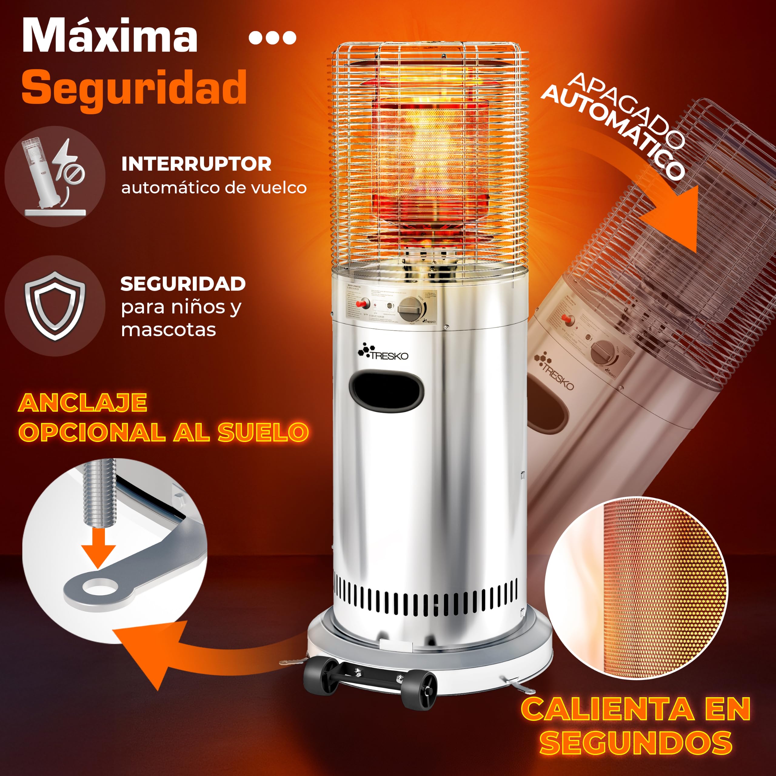 TRESKO Calefacción de terraza de gas 11 kW + ruedas, para botellas de 5 y 11 kg | Potente calefacción exterior para terraza, balcón, jardín, camping | Sombrilla calefactora con manguera y regulador
