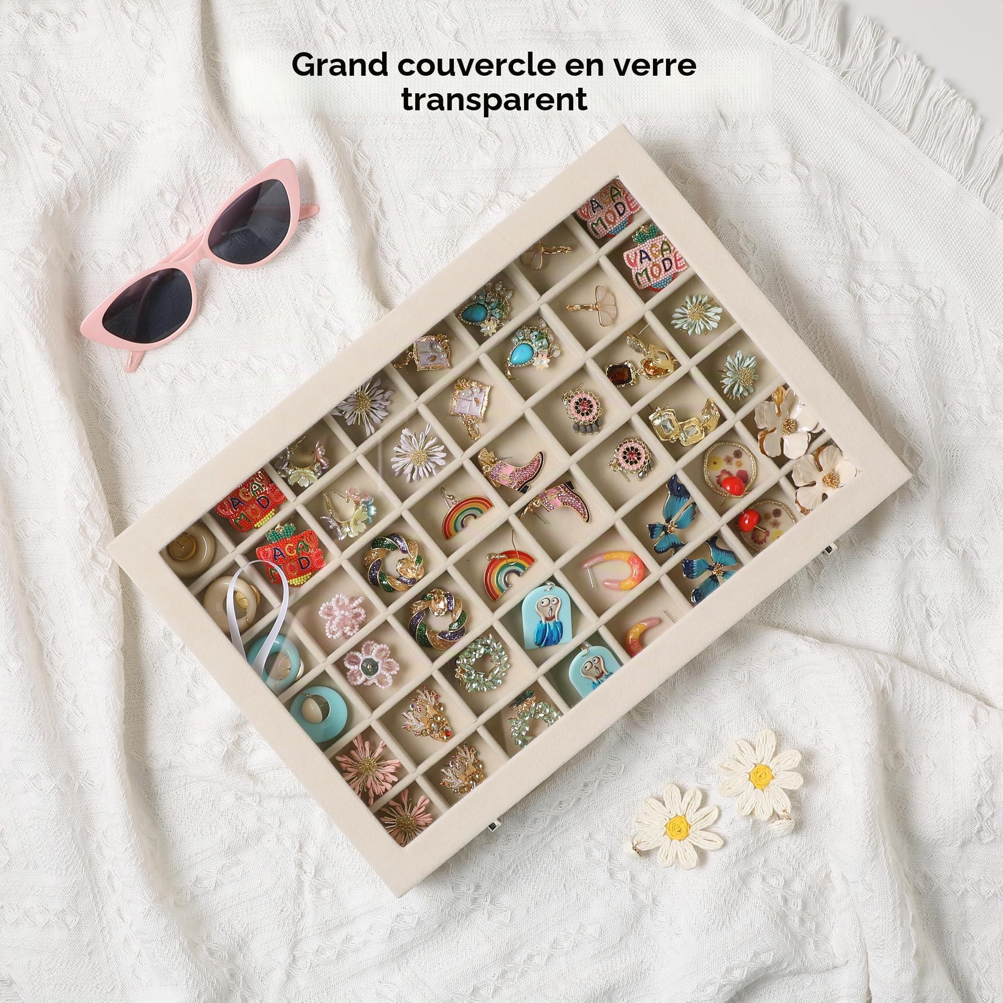Frebeauty Coffret à bijoux 48 compartiments avec couvercle en verre, velour | Organisateur de boucles d'oreilles réglable, couvercle en verre, intérieur en velours de qualité supérieure