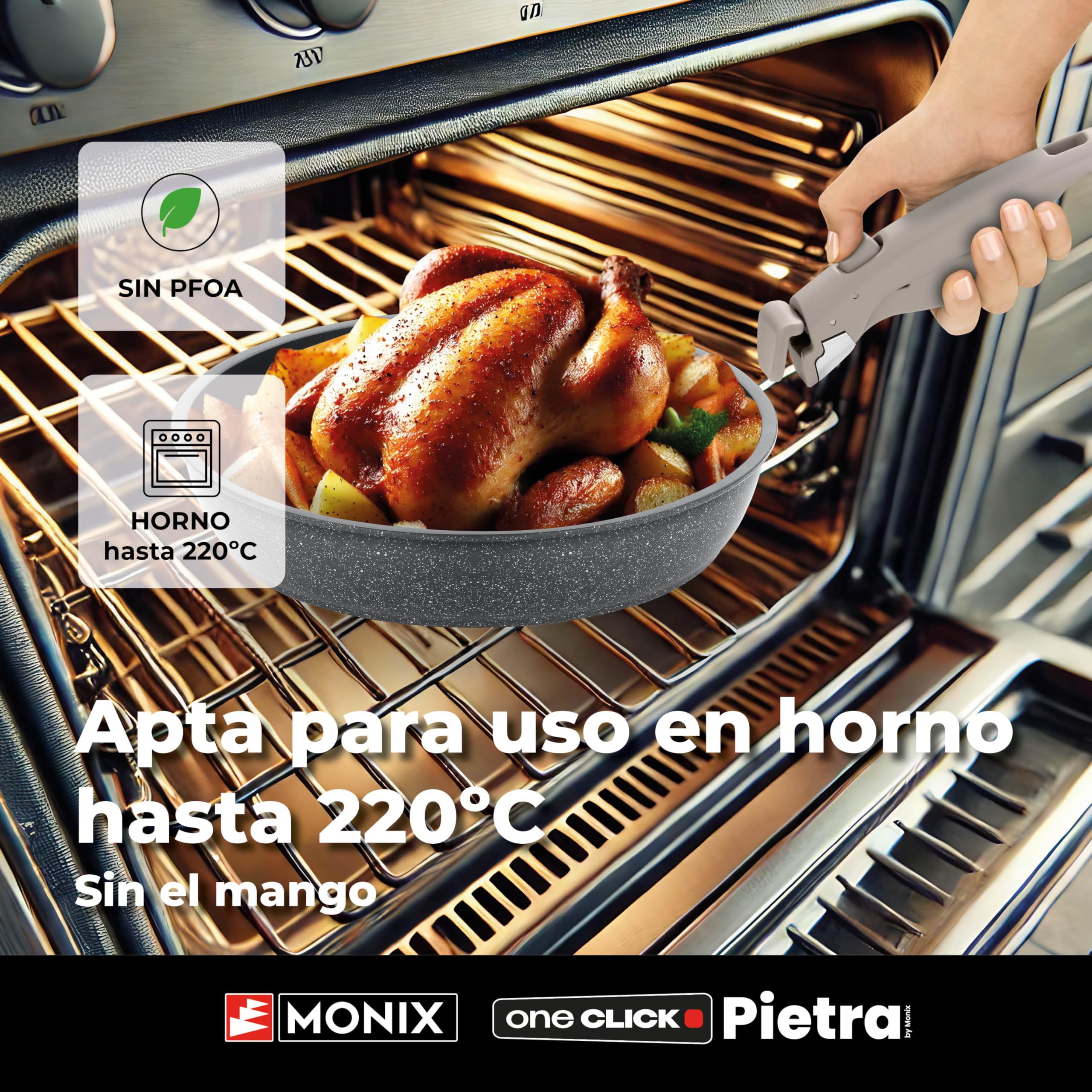 Monix One Click Pietra | Set 3 sartenes apilables, 20-24-26 cm, Antiadherentes, Mango desmontable, Indicador Temperatura Thermonix, Sin PFOA, Apta para todo tipo de Cocinas