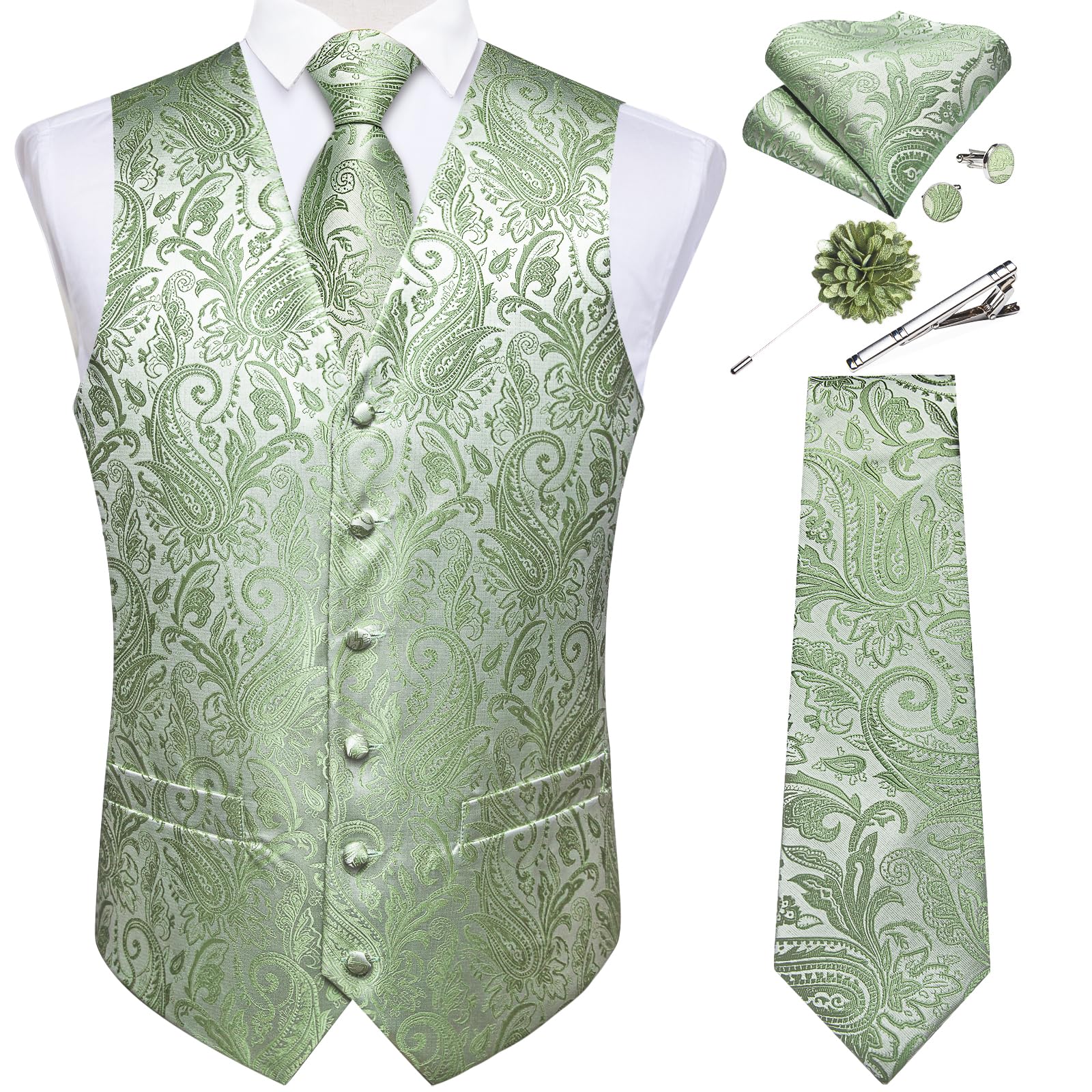DiBanGu Mens Vest and Tie Set Formal Paisley Waistcoat and Necktie Pocket Square Cufflinks Silk Suit Vest for Tuxedo Wedding
