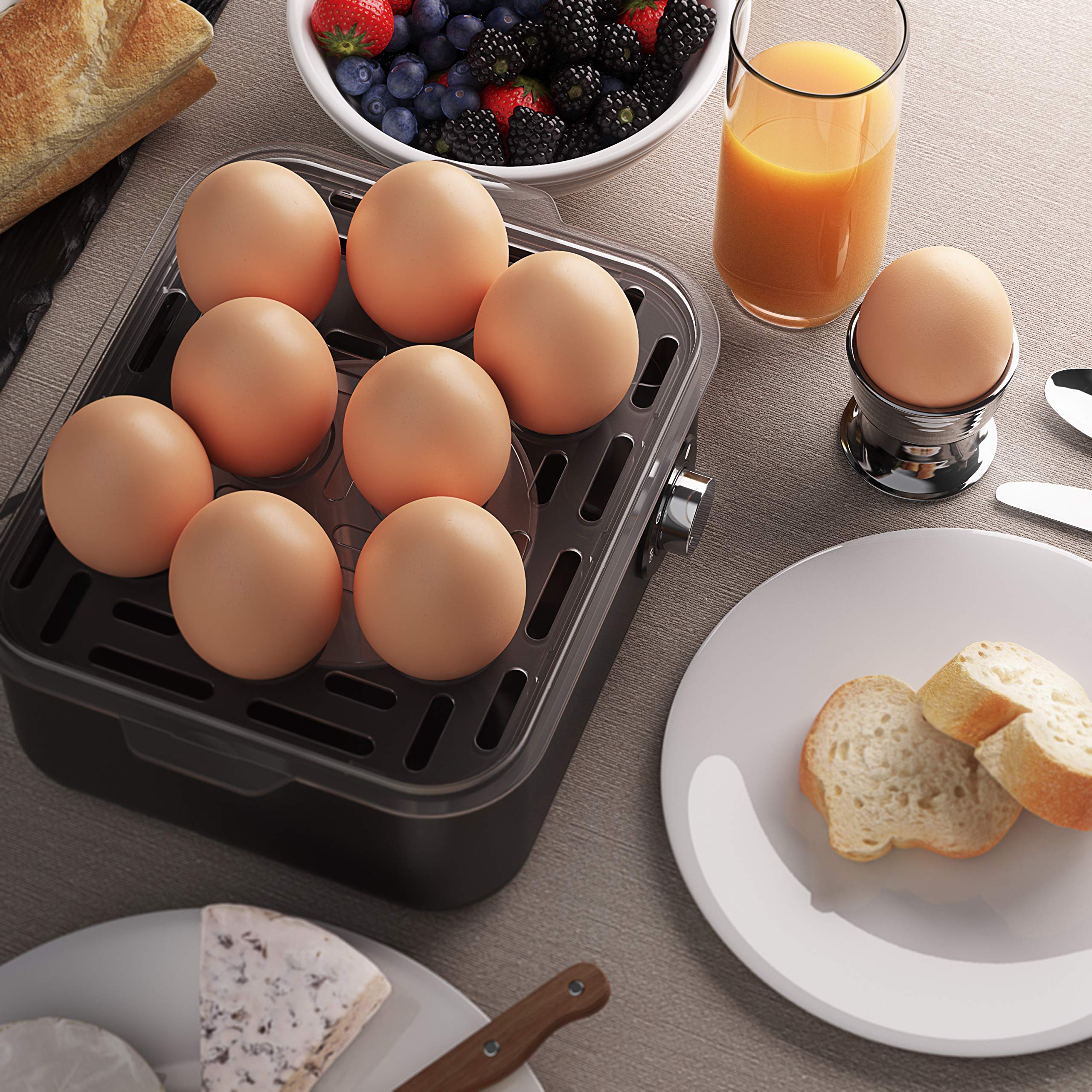 Arendo - Cuiseur à œufs en acier inoxydable Eightcook 500 W - Egg cooker 1 à 8 œufs - Bouton pour trois degrés de dureté, à la coque, mollet ou dur - Œufs pochés, Verre doseur avec Perceur d’œufs