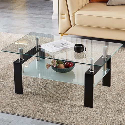 Miniatura 15 de Mesa de centro rectangular de vidrio para sala de estar, con mesa de vidrio templado y capa de MDF, para sala de estar y oficina (todo negro + Todo