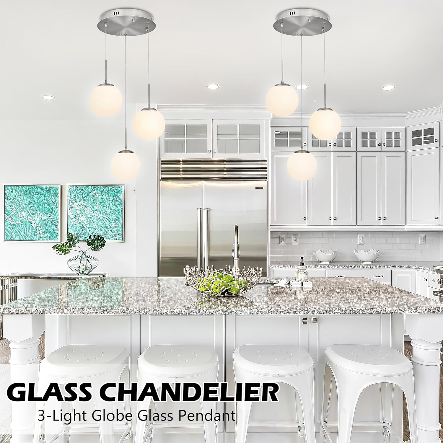 KoKo&Yukina 3-Light Nickel Glass Chandelier Globe Glass Cluster Pendant Lights Modern Adjustable Length Pendant with Milky White Globe Ceiling Light for Kitchen Island Dining Room(Bulb & Remote Incl.)