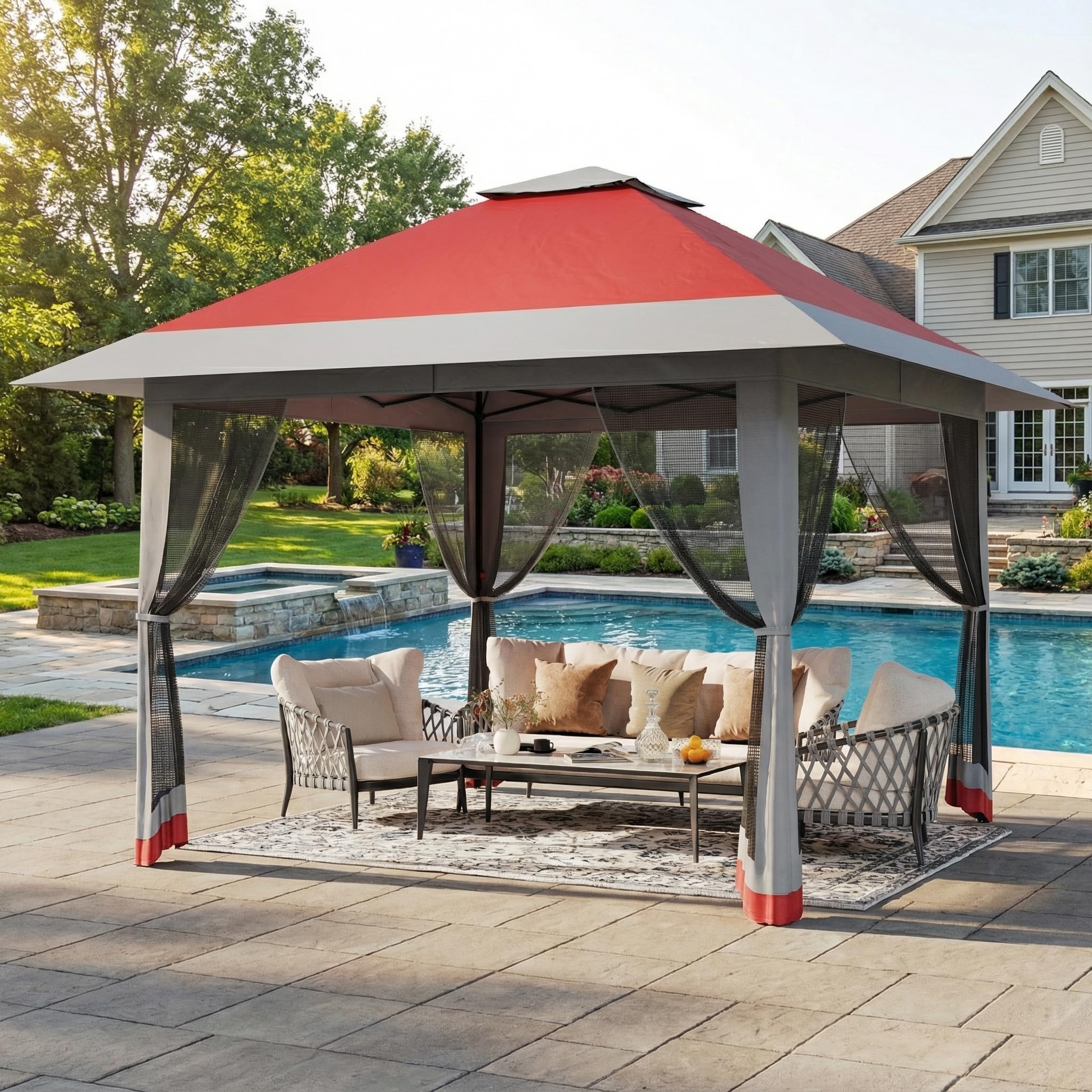 4m x 4m Heavy Duty Pop Up Gazebo – Waterproof Garden Tent with 4 Mesh Sides & Metal Frame, Instant Marquee Canopy for Patio, Parties, Weddings & Outdoor Events – Red