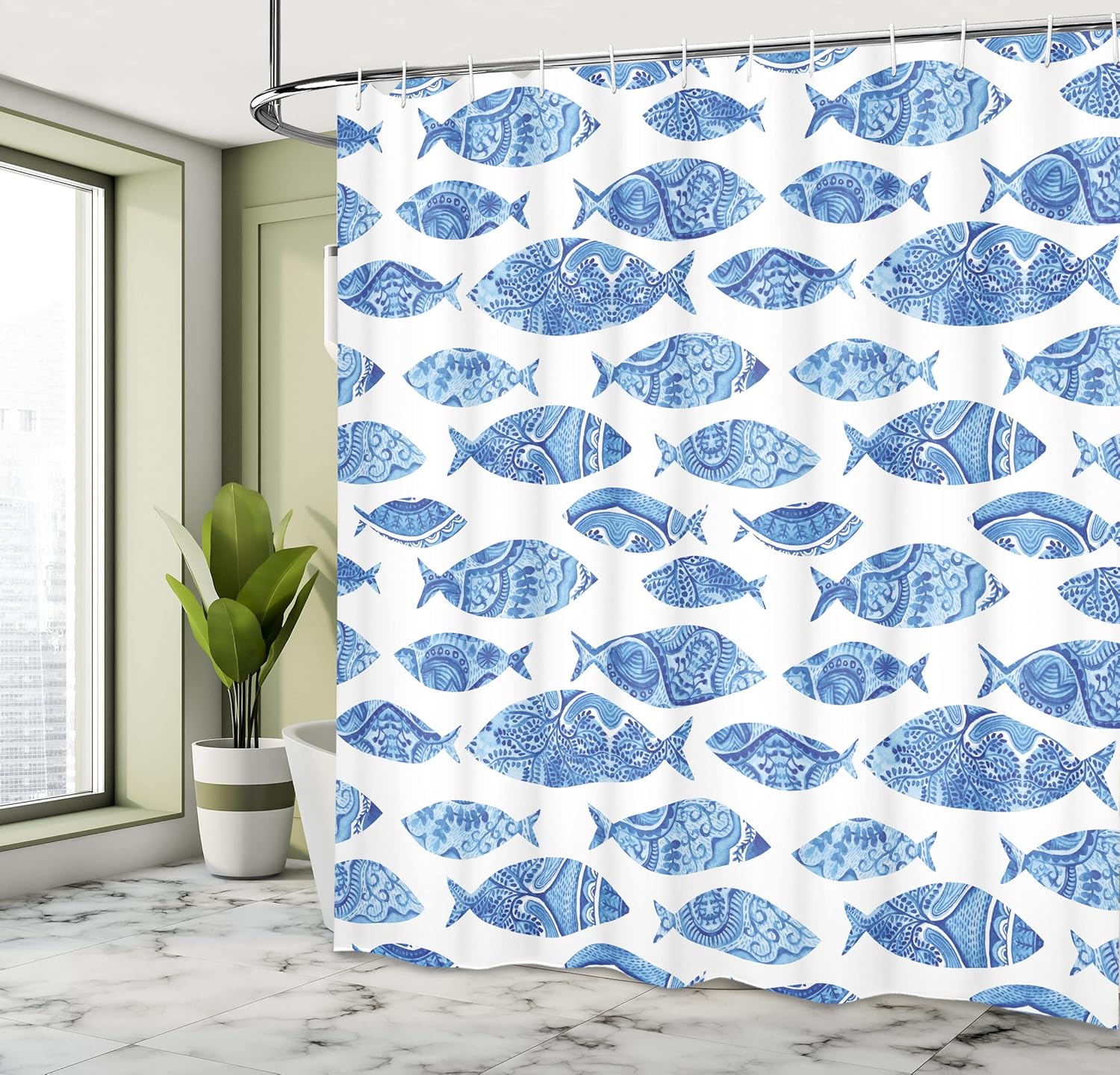 Ambesonne Blue Shower Curtain, Fish Sea Animal with Ottoman Ornate Mosaic Hand Drawn Style Marine Artwork, Cloth Fabric Bathroom Decor Set with Hooks, 69" W x 70" L, Blue White