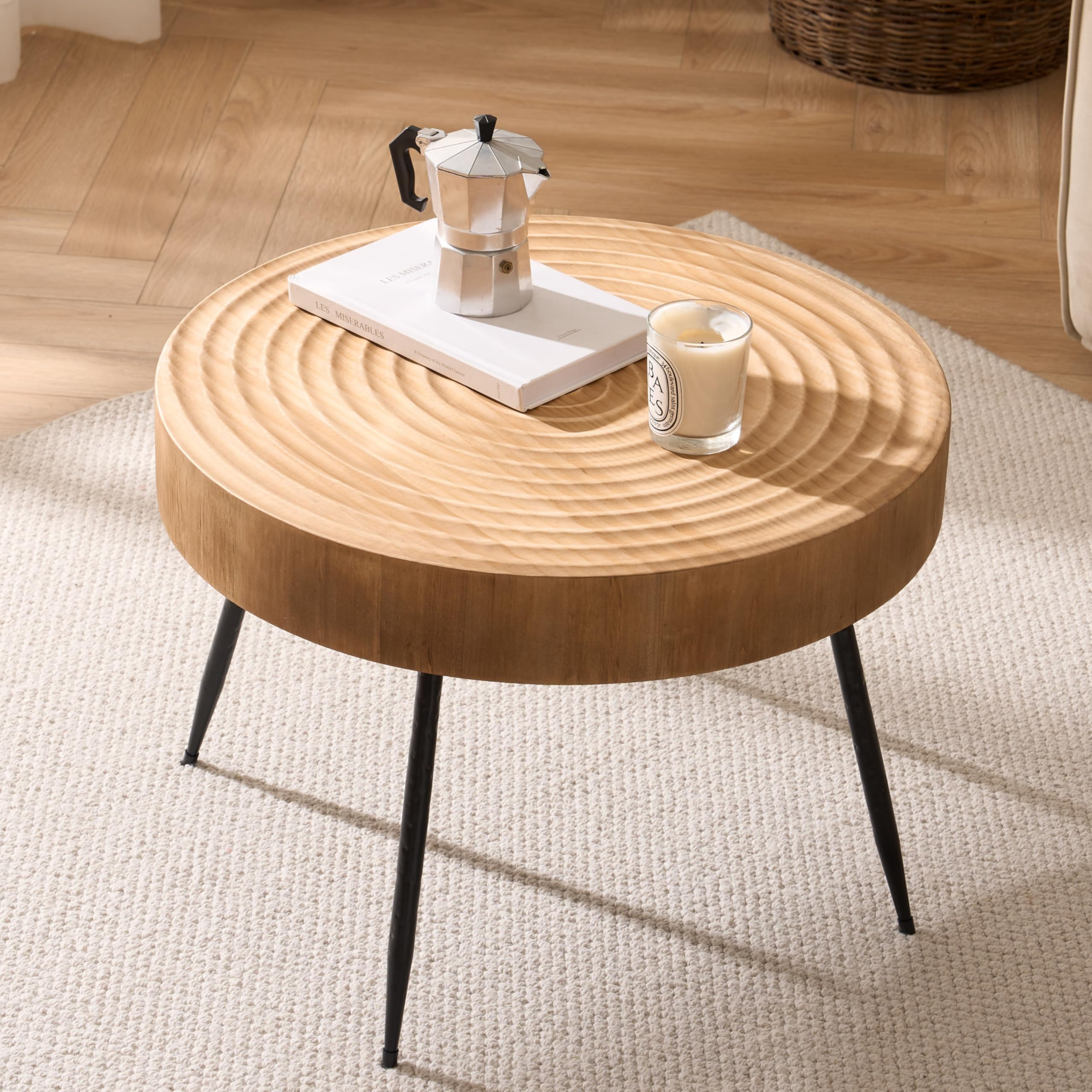 Mesa auxiliar redonda, mesa auxiliar de madera, forma de rueda anual, diámetro 60 x 42 cm, mesa de café con patas de metal negro, mesa auxiliar grande redonda en el salón, color marrón claro