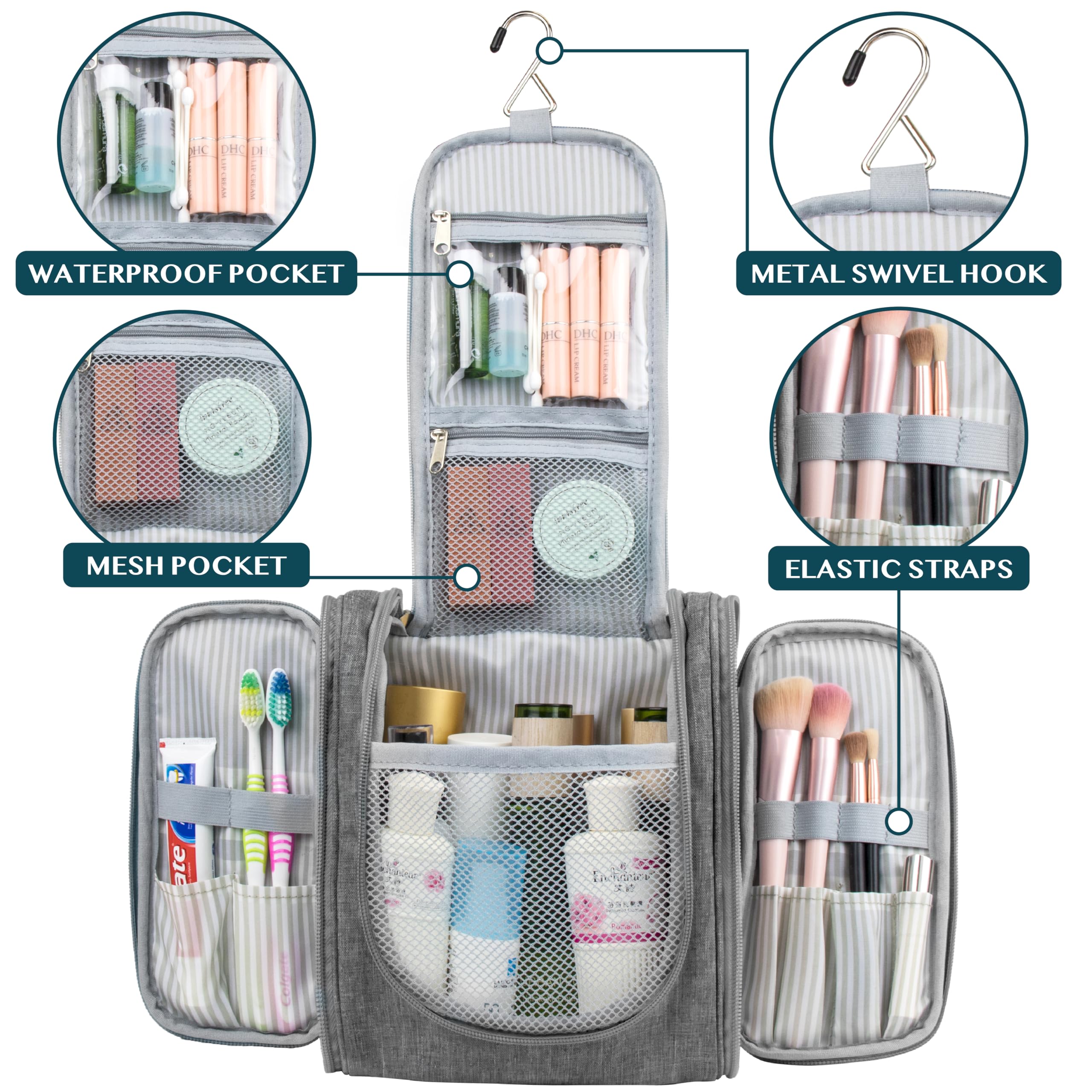 PAVILIA Beauty case da viaggio da appendere per donne e uomini, organizer per articoli da toeletta da bagno, Grigio, Standard (9x4x9), Beauty case