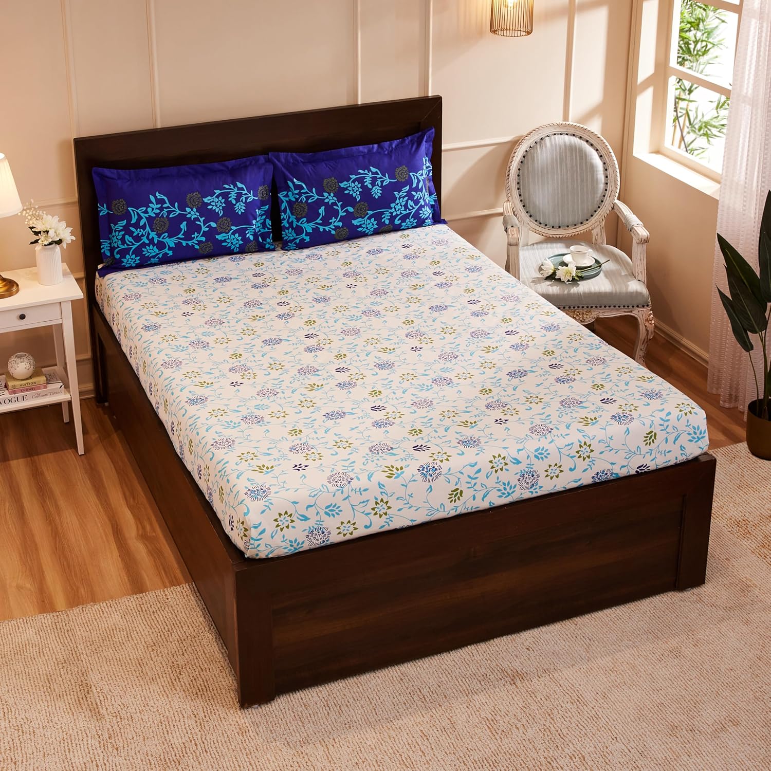 Amazon Brand – Solimo Blooming Tranquility 144 TC 100% Cotton King Bedsheet with Two Pillow Covers, Soft and Smooth (Floral, Blue), 144 TC Amazon Brand – Solimo Blooming Tranquility 144 TC 100% Cotton King Bedsheet with Two Pillow Covers, Soft and Smooth (Floral, Blue), 144 TC
