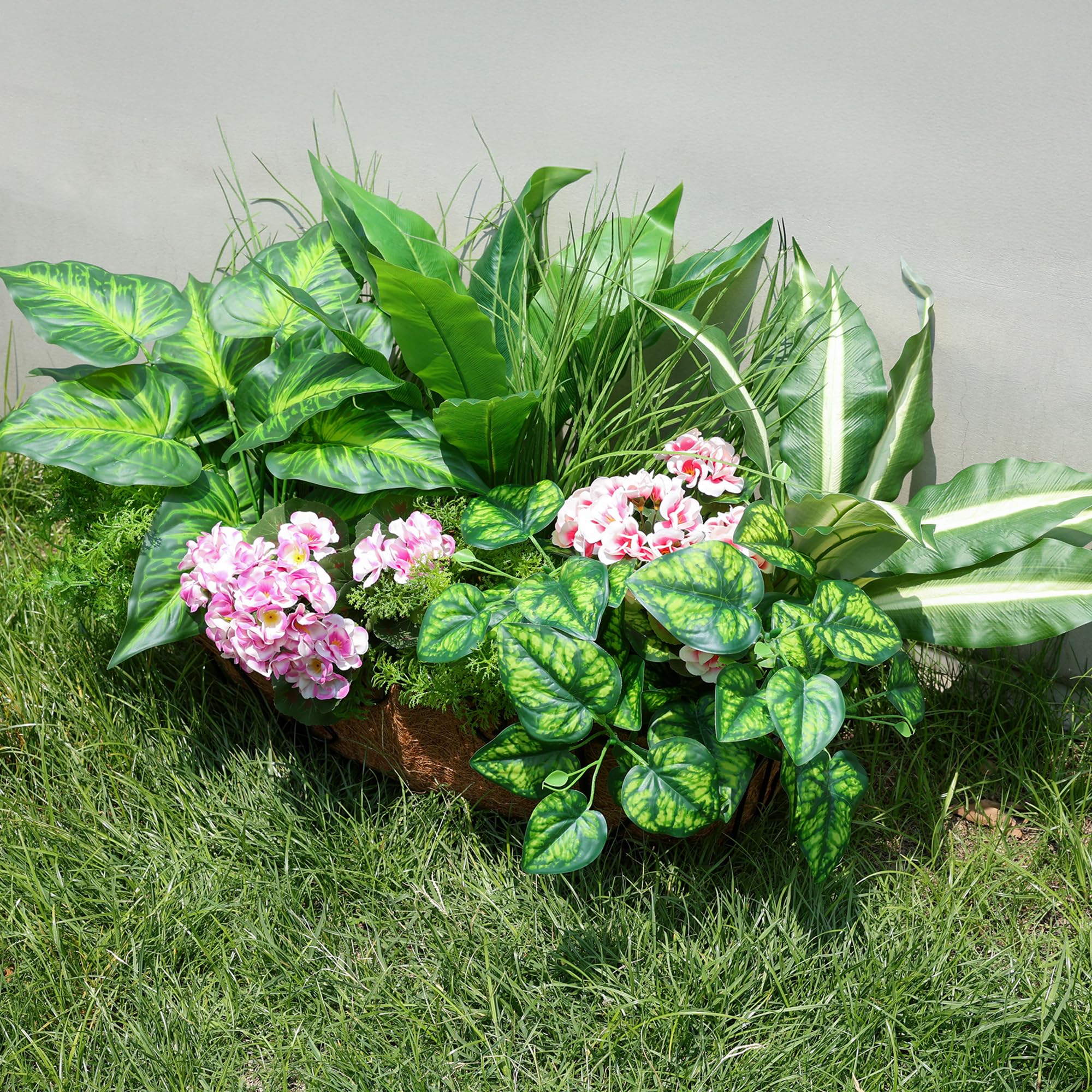 florisso 10 Bundles Artificial Greenery Plants & Flowers for Outdoor UV Resistant Fake Plants Plastic Leaves with Stems for Outside Garden Porch Decor (Mixed-PurplePink)