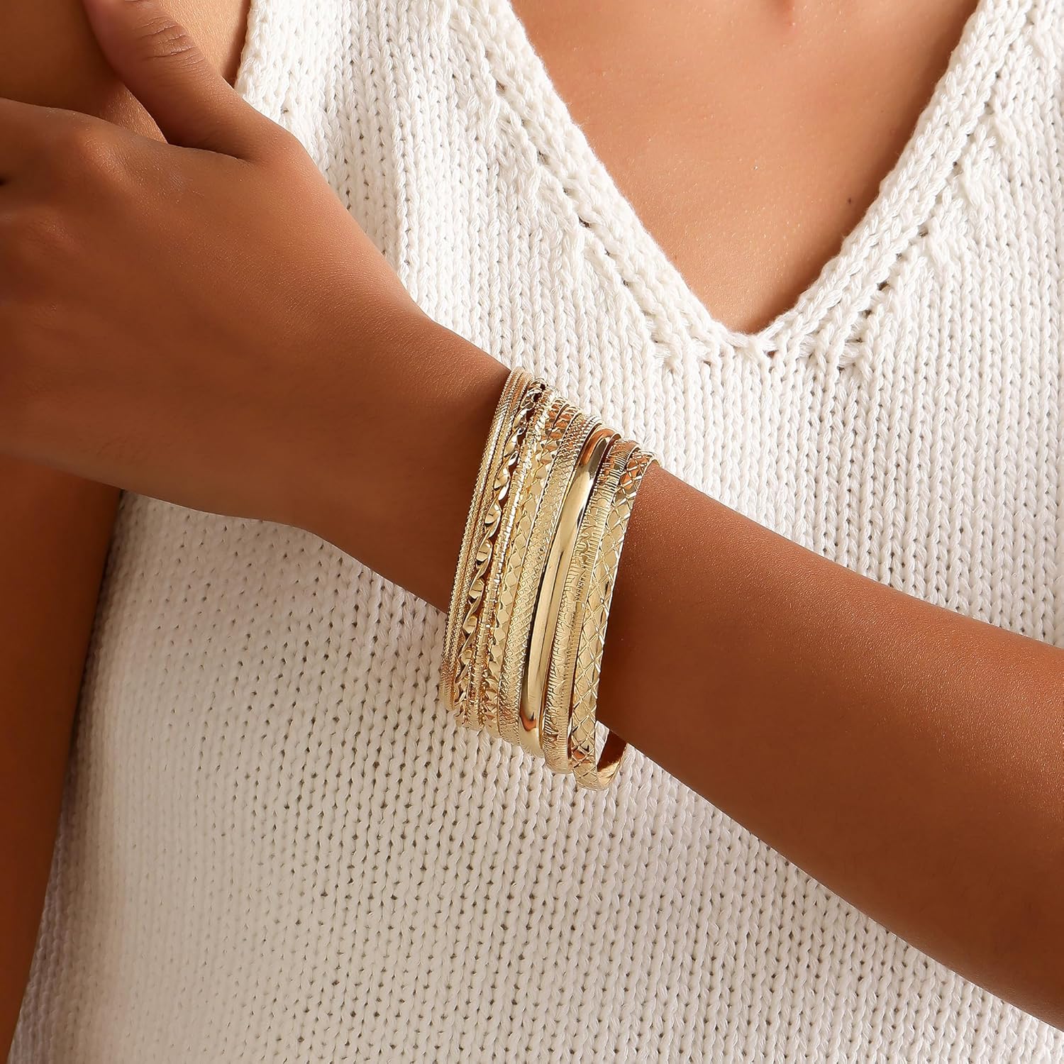 Gold Bangles for Women, 12 Pcs Boho Stackable Bracelets Multi Layer Textured Chunky Bracelets Jewelry Set for Women - Image 3