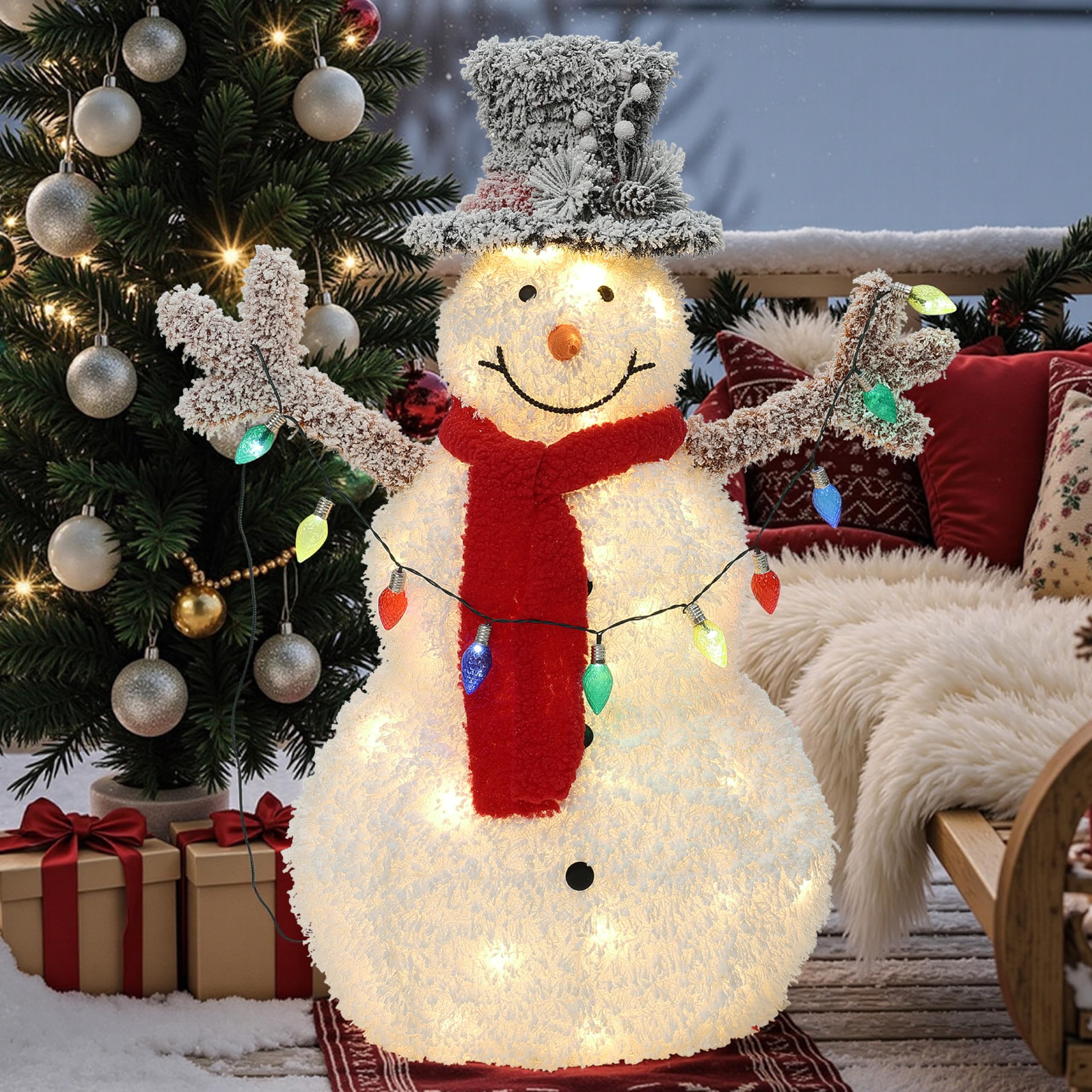 Hometopia LED Schneemann Deko mit Zylinderhut, Rotem Schal Leuchtende Weihnachtsfigur für Innen und Außen, Weihnachtsdeko
