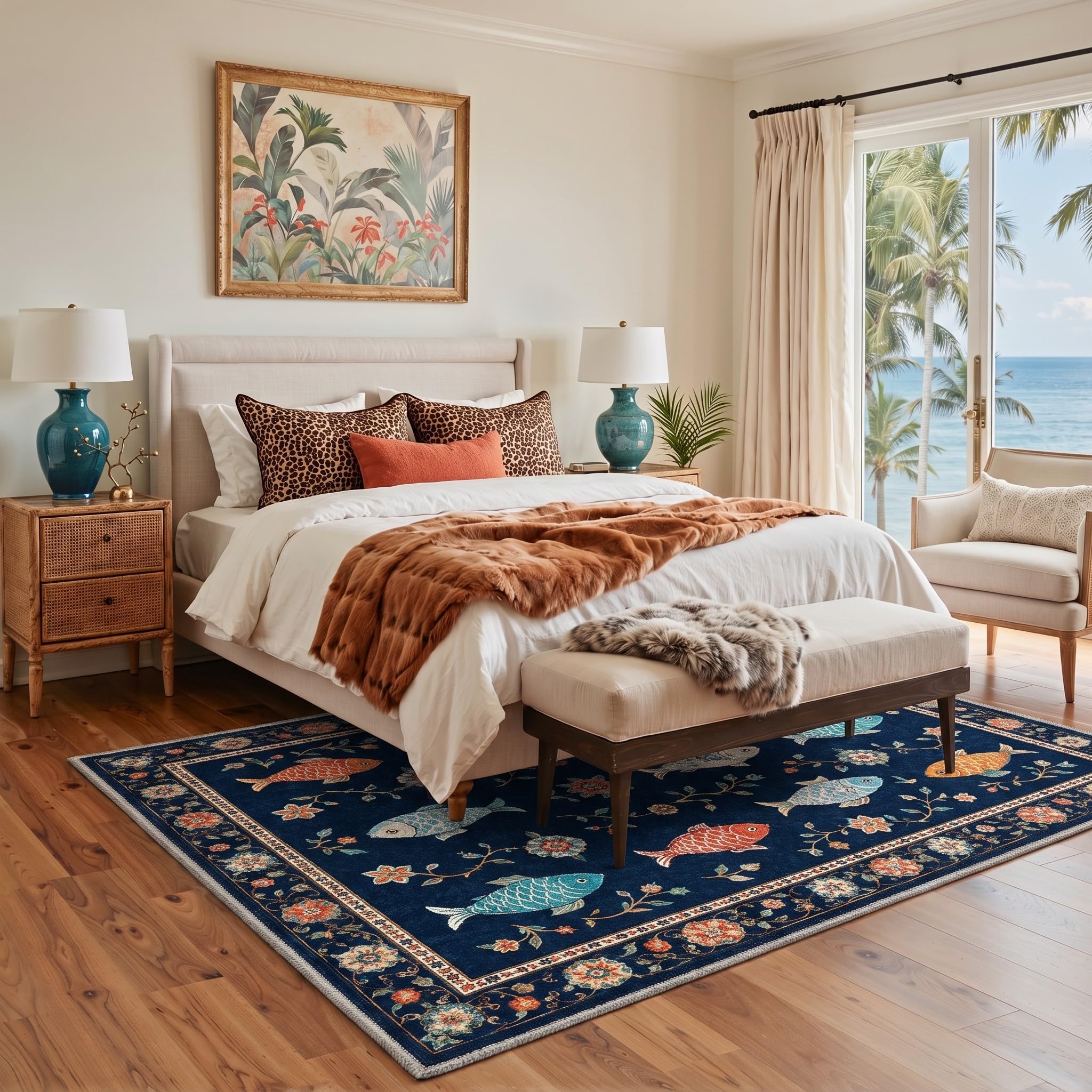 Tapis Salon 160x230 cm - Vintage Natural Style Large Non-Slip Area Rug for Living Room Or Bedroom in Indigo Bloom