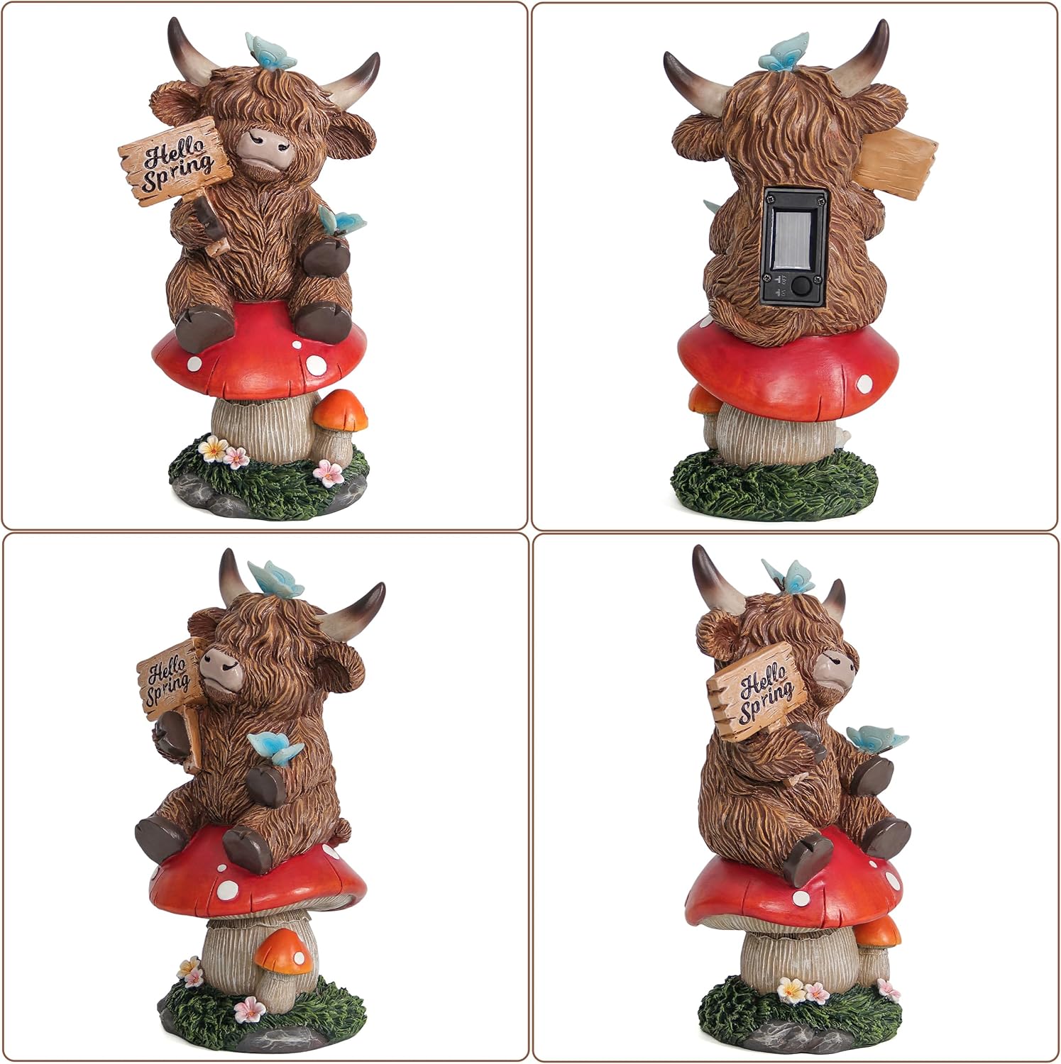 Smadeer Highland Cow Garden Statue with Solar Butterfly Lights, Spring Outdoor Highland Cow on Mushroom Butterfly Decoration for Yard, Patio, Lawn, Cows Figurine Housewarming Gift for Women, Mom