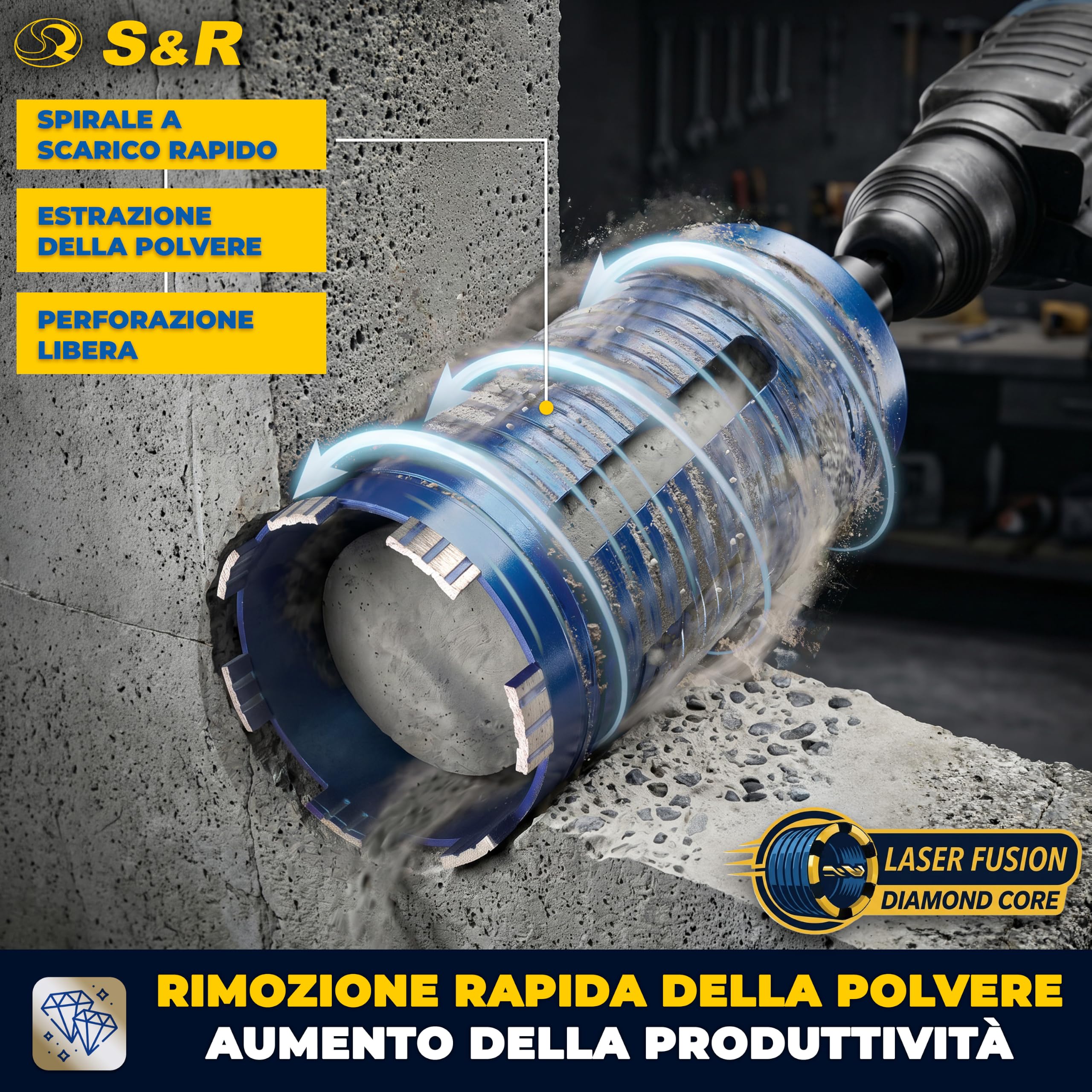 S&R Sega a Tazza Diamantata 122 x 200mm. Fresa Cemento 63 SDS-Plus | Punta Diamante cemento 122 x 200mm M22 - Corona Carotatrice Cemento - Sega a Tazza Diamantata Professionale