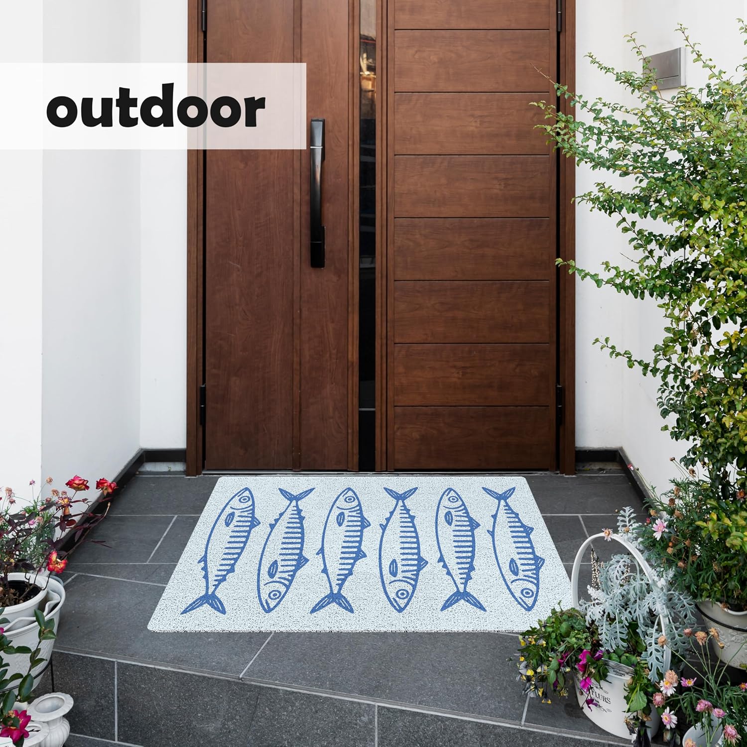 KEUSPI Blue Beach Sardines Fish Door Mat, Coastal Nautical Welcome Mats for Home Outdoor Indoor Entrance, Beachy Doormat for Front Door Porch Entryway, 17x30 Inches
