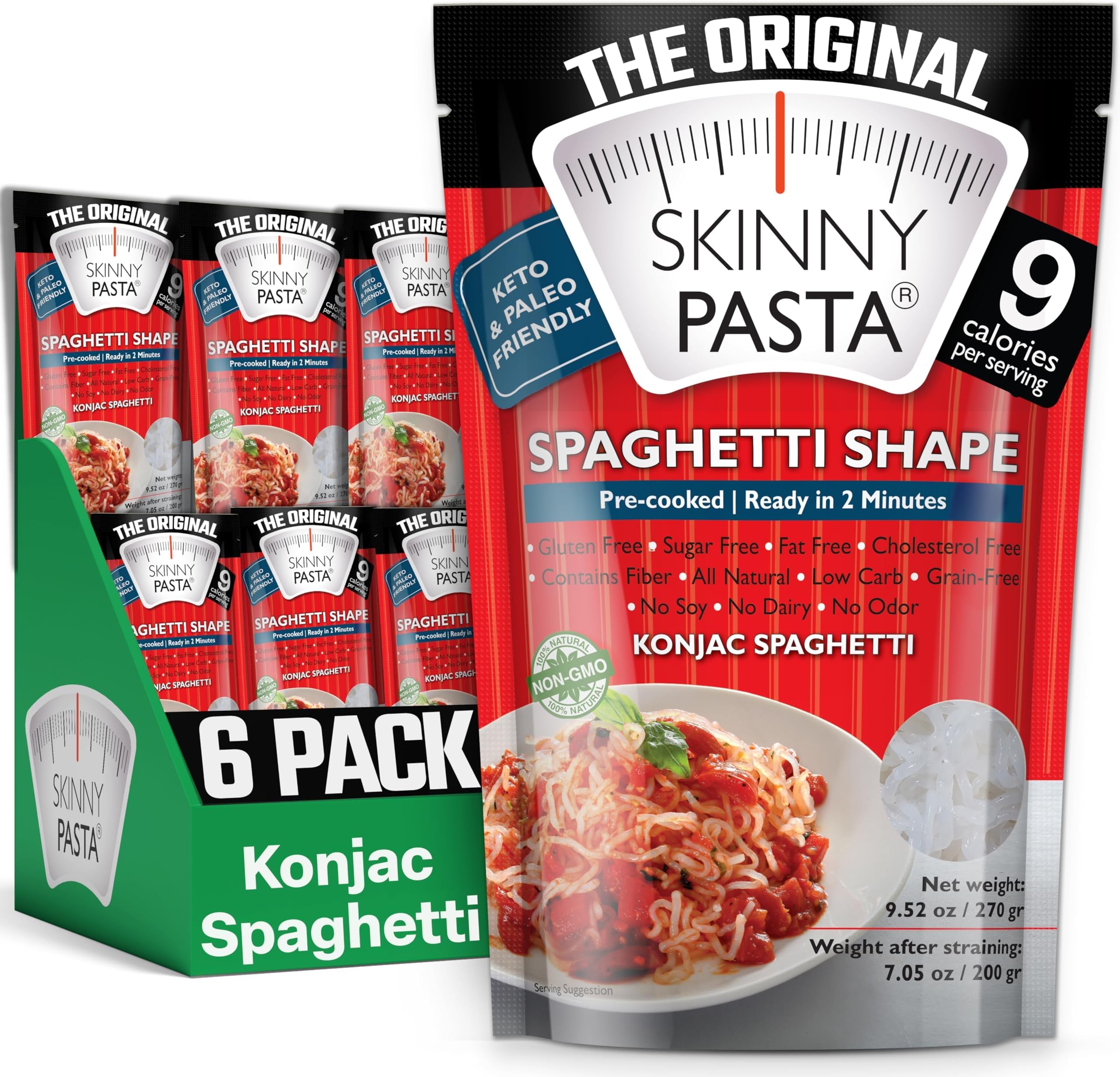 Skinny Pasta 9.52 oz - The Only Odor Free 100% Konjac Noodle (Shirataki Noodles) - Pasta Weight loss - Low Calorie Food - Healthy Diet Pasta - Spaghetti - 6-Pack