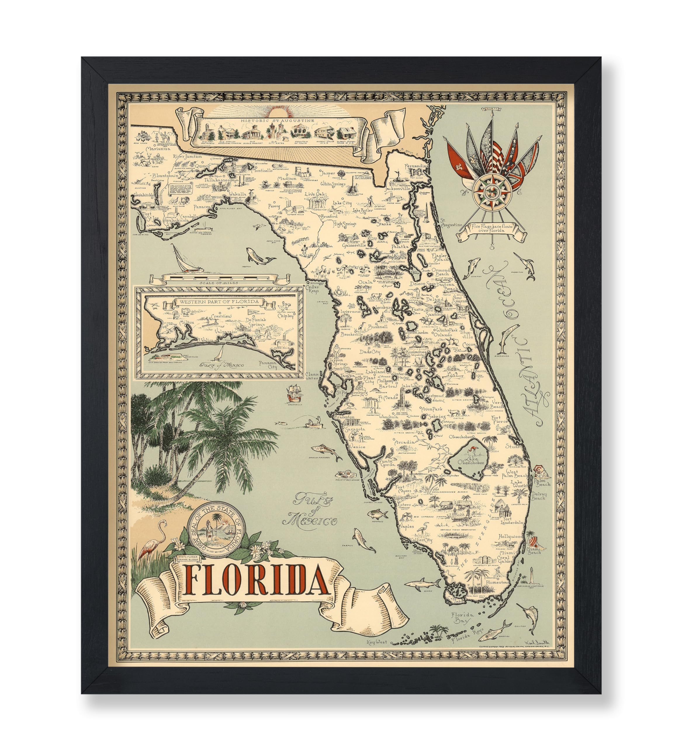 Poster Master Vintage Map Poster - Retro Florida Print - Florida State Map Art - Gift for Men, Women, Travel Lover - Perfect Decor for Bedroom, Living