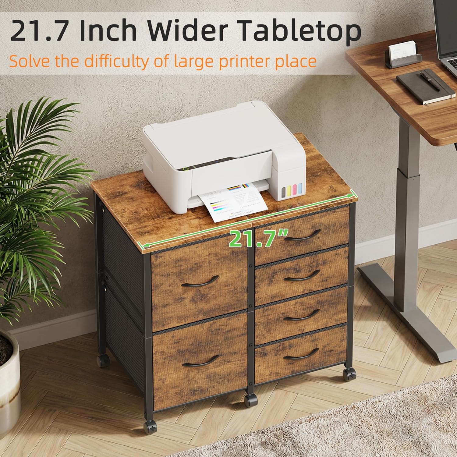 HIGDBFE 6 Drawer Mobile Lateral File Cabinet, Rolling Printer Stand, Under Desk Filing Cabinet Fits A4 Files, Home Office Storage Fabric Cabinet, 2X Space, Rustic Brown, 21.7''