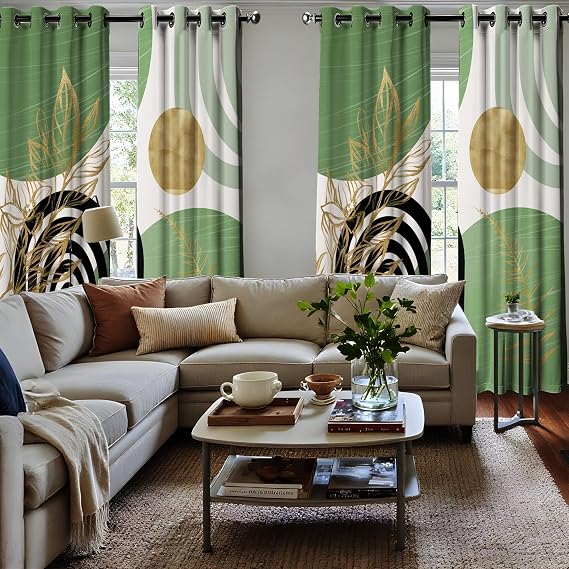 Mid Century Modern Sage Green and White Blackout Curtains Boho, Bohemian MCM Black Light Green Window Drapes for Bedroom Living Room, 84 inch Length 2 Panels Set, 52x84 inch