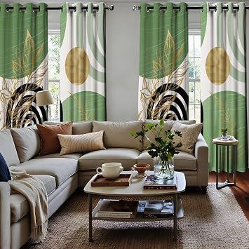 Mid Century Modern Sage Green and White Blackout Curtains Boho, Bohemian MCM Black Light Green Window Drapes for Bedroom Living Room, 84 inch Length 2 Panels Set, 52x84 inch