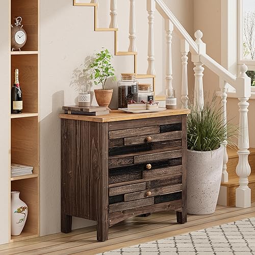 Miniatura 7 de COZAYH Cómoda rústica de 3 cajones, mesita de noche retro totalmente montada con diseño de cajón de rejillas, para dormitorio, sala de estar, campo