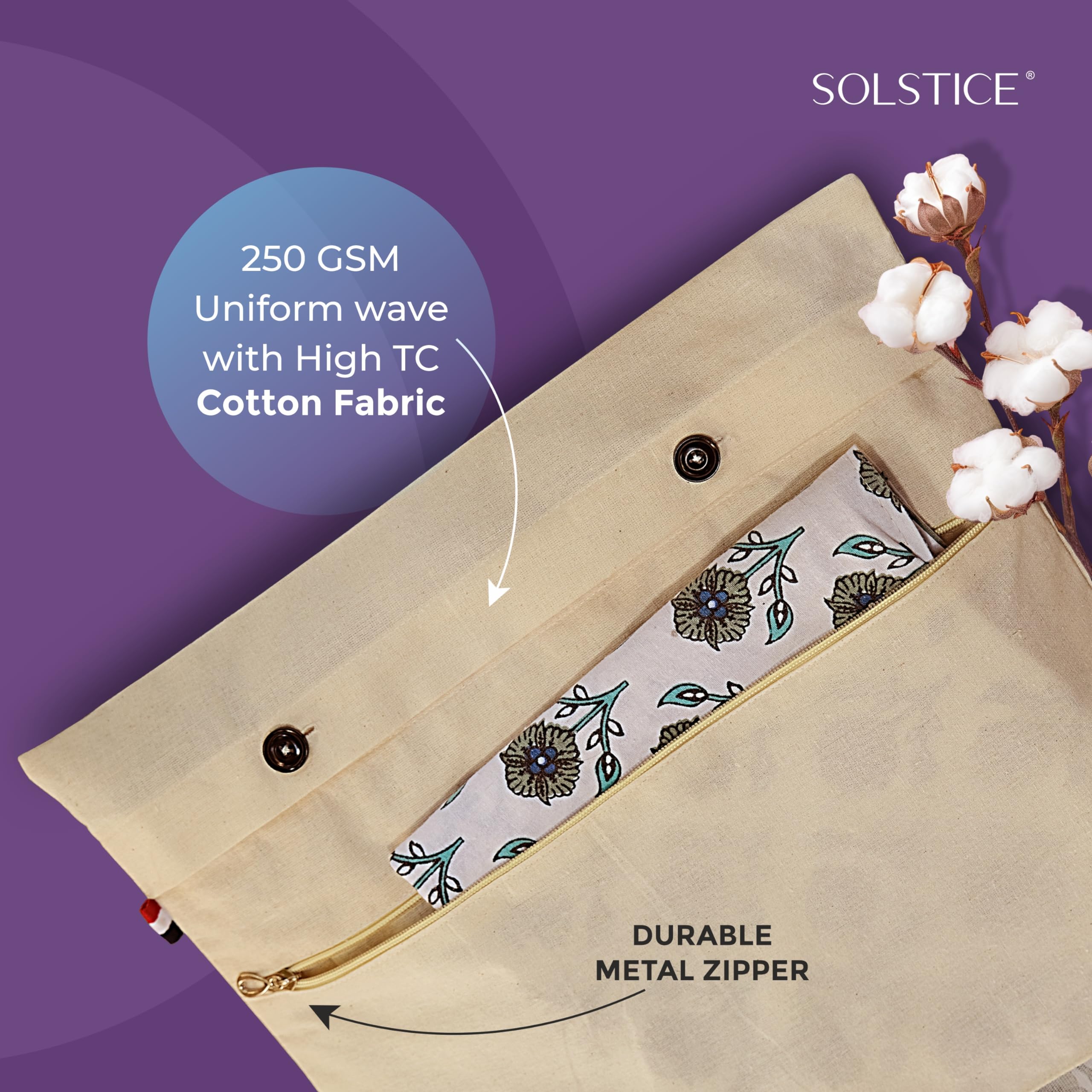 SOLSTICE Cotton Saree Bags/Covers With Zip For Storage - Double Pocket Twist, Big Size (18 X 15 Inches) And Transparent Mesh Window Set Of 8, Beige 1