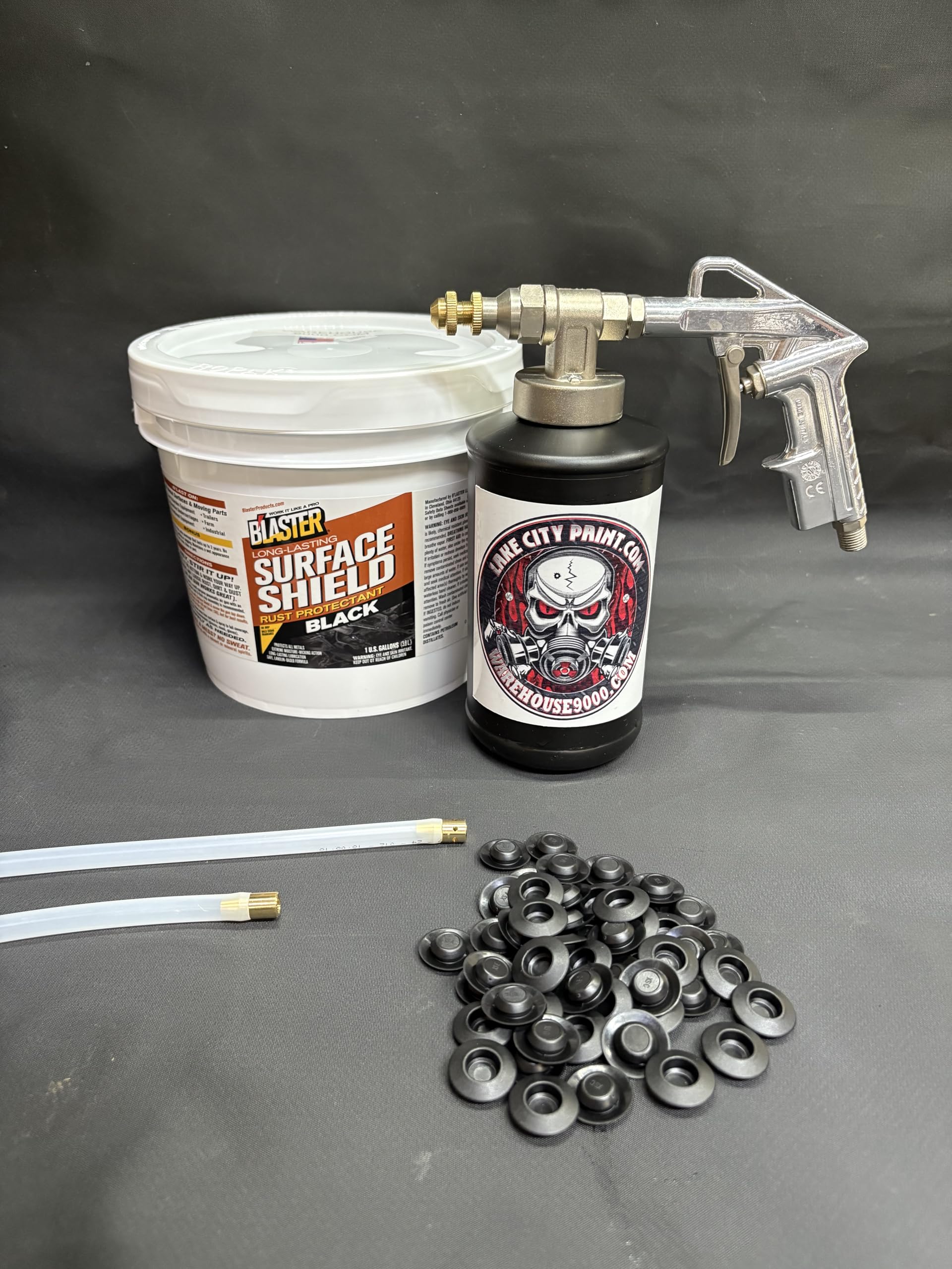 Gallon Black PB Blaster Surface Shield, Pro Undercoating Gun, 2 Wands, 1 Quart Bottle, and 50 Rust Plugs