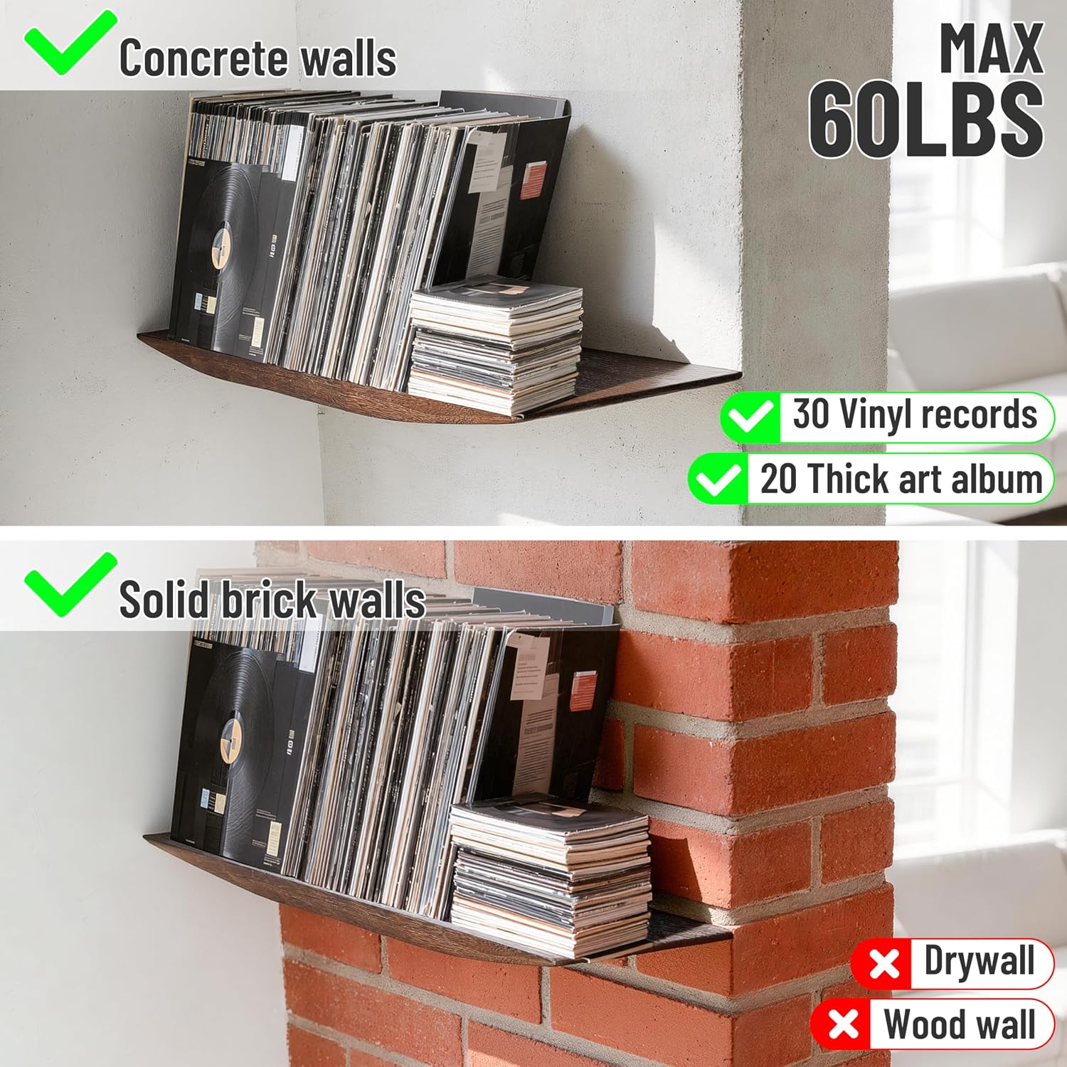 Floating Shelves for Concrete Wall: Solid Wood Shelf 15.75 and 23.6 inch with Heavy Duty Hidden Bracket for Display Books Plants Vinyl Ceramics Collectibles (Dark Brown)