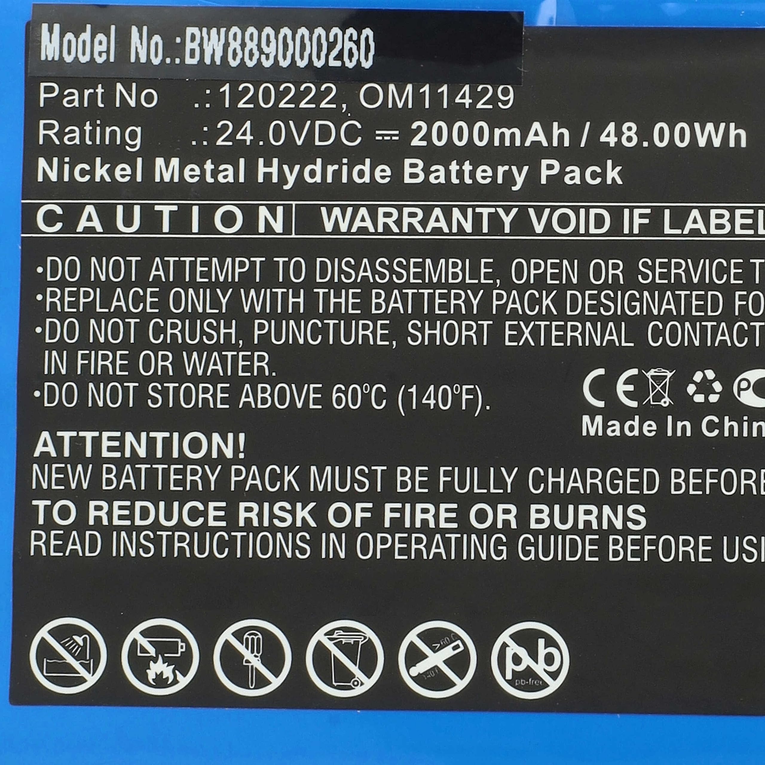 vhbw batteria sostituisce Cardioline AMED5062, AS30008, B11429, 0593, 120222, 1220211-01 per strumentazione medica (2000mAh, 24V, NiMH)