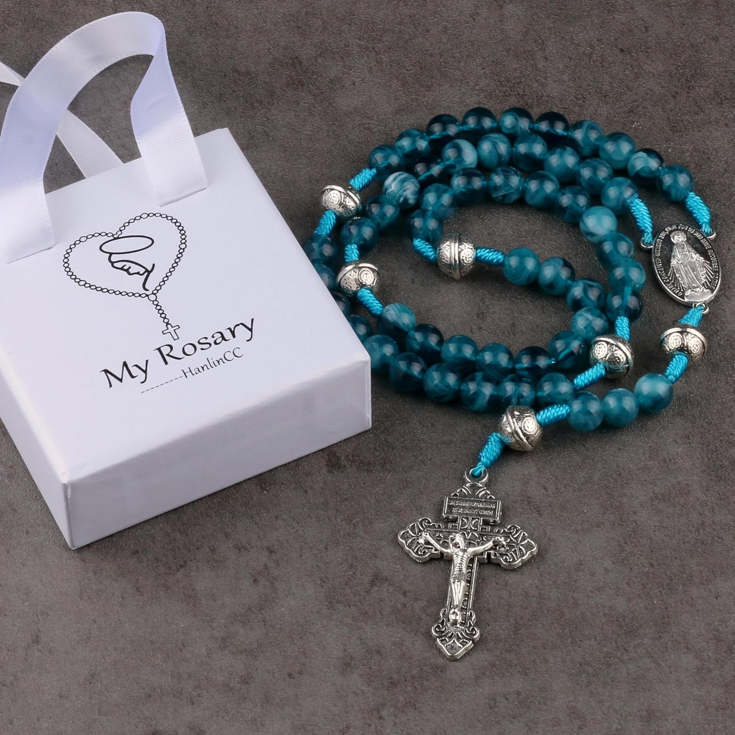 HanlinCC 10mm Beads Catholic Rosary Necklace with Miraculous Center piece and Pardon Crucifix with Gift Box for Men and Women - Image 3