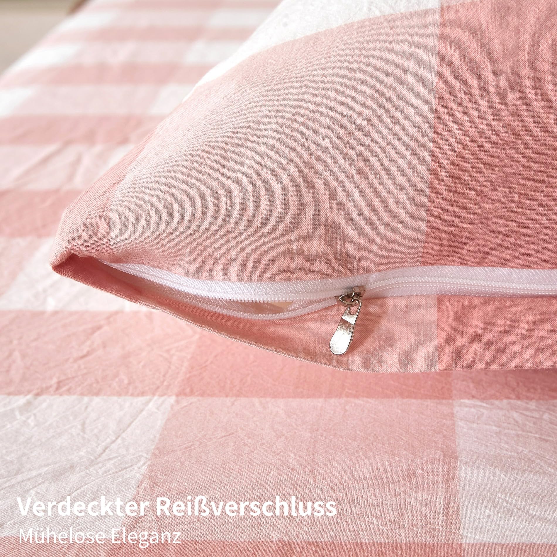 Juego de ropa de cama de 135 x 200 cm, 4 piezas, color rosa y blanco a cuadros, 100 % algodón lavado, suave, transpirable, acogedora, funda nórdica con cremallera y 2 fundas de almohada de 80