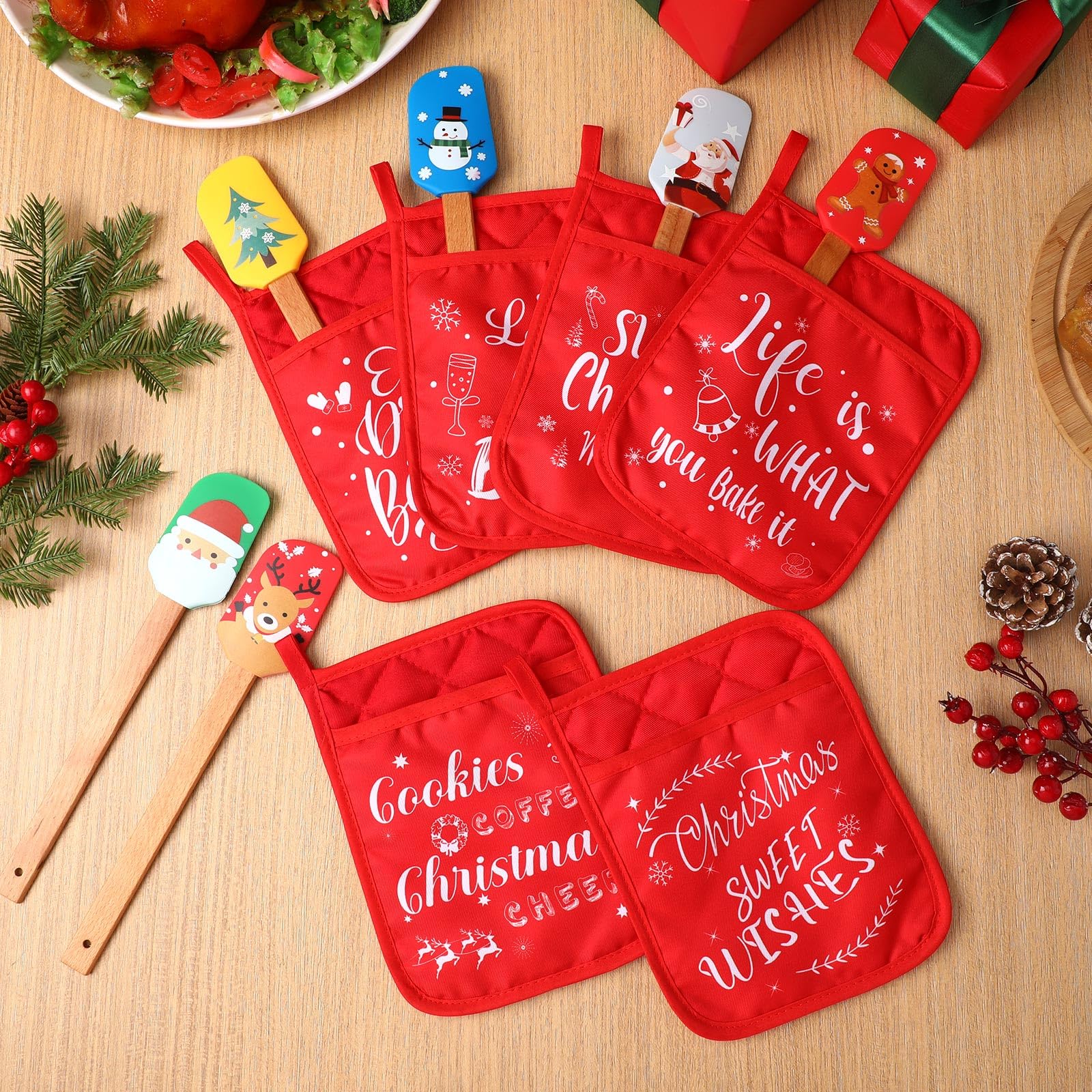 Yaomiao Weihnachtliche Topflappen mit Silikon-Spatel-Set, Silikon-Spatel-Set mit Holzgriffen, Topflappen für Küche, Weihnachten, Küchenutensilien, Weihnachtsbackgeschenke für Weihnachten (rot, 24