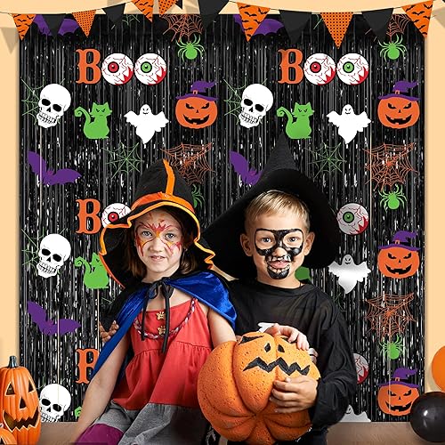 Miniatura 7 de Serpentinas de fondo de fotos de Halloween de color negro, paquete de 2 cortinas de flecos de aluminio de 3.3 x 6.6 pies para fiestas, cumpleaños,