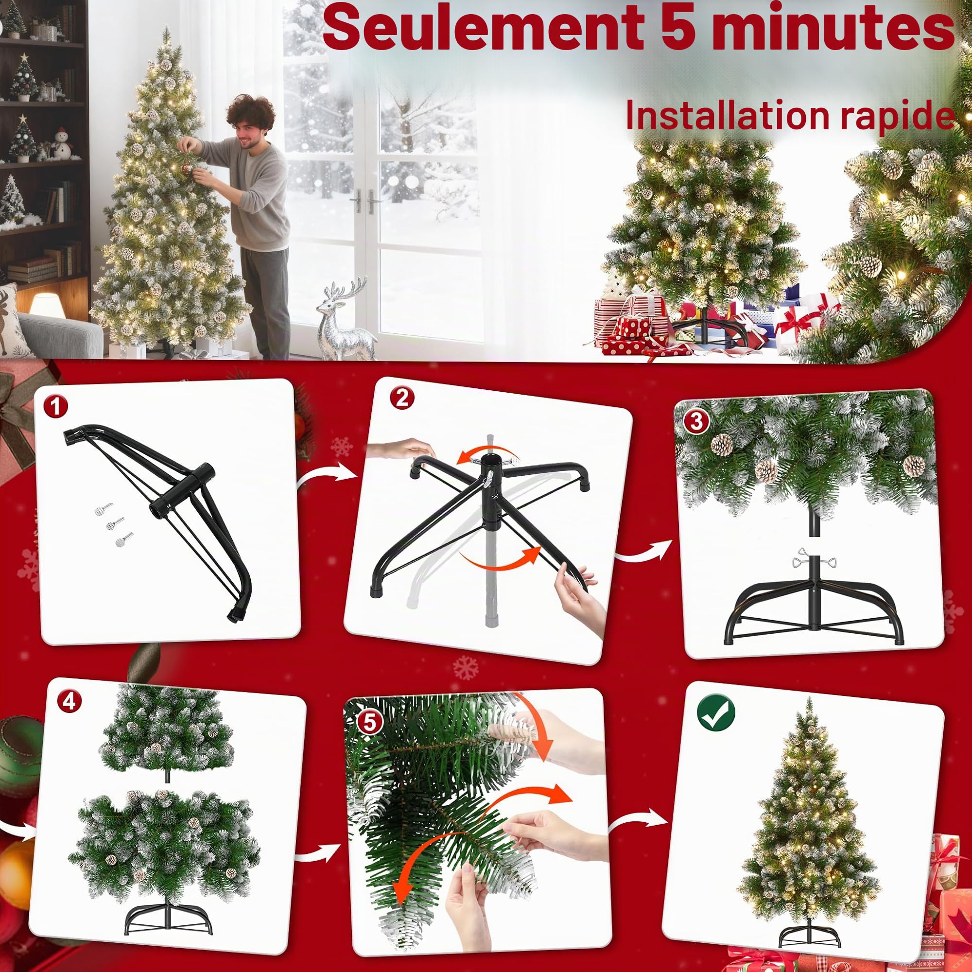 AufuN Sapin de Noël artificiel avec éclairage - 240 cm - Avec neige et pommes de pin - Montage rapide - Avec support