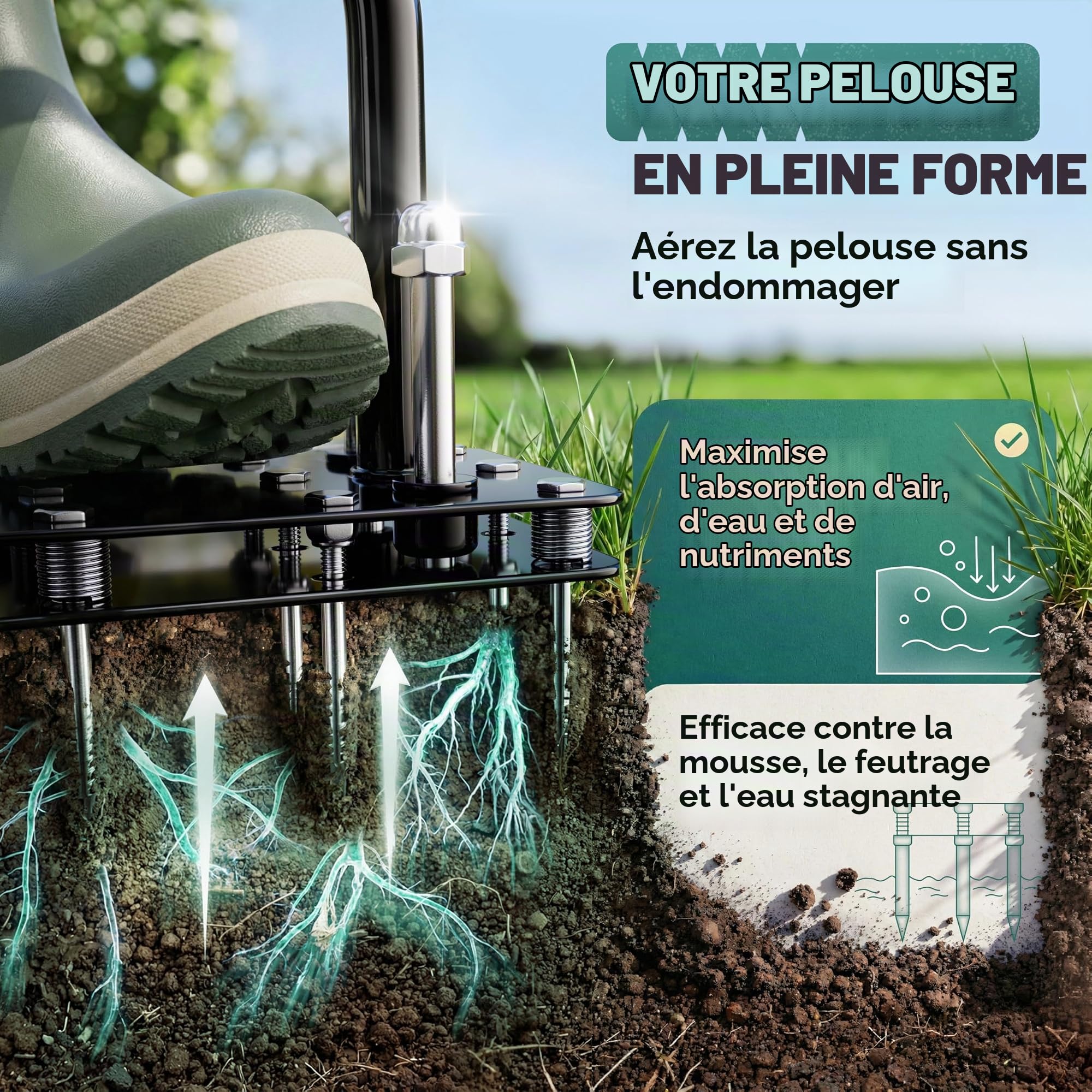 Aérateur de pelouse Pro - Fourche aérée innovante - Scarificateur et aérateur pour aération de pelouse - Outil de jardin de qualité supérieure pour aérer et ameublir la pelouse