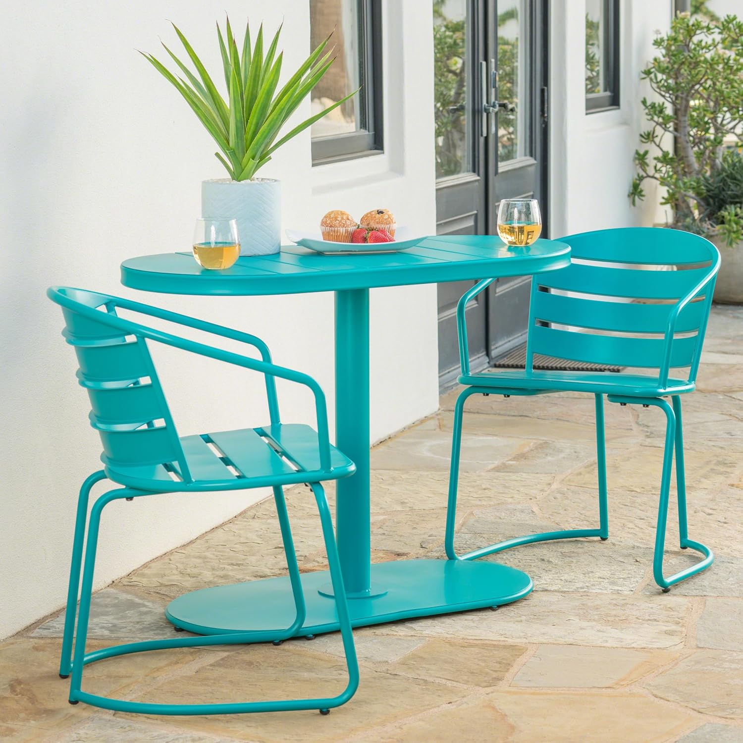 Christopher Knight Home Adley Outdoor Bistro Set, 3-Piece Bistro Table and Chair Set of 2, Patio Furniture Set with Iron Frame, Outdoor Metal Bistro Dining Set, Poolside/Garden Cafeteria, Teal