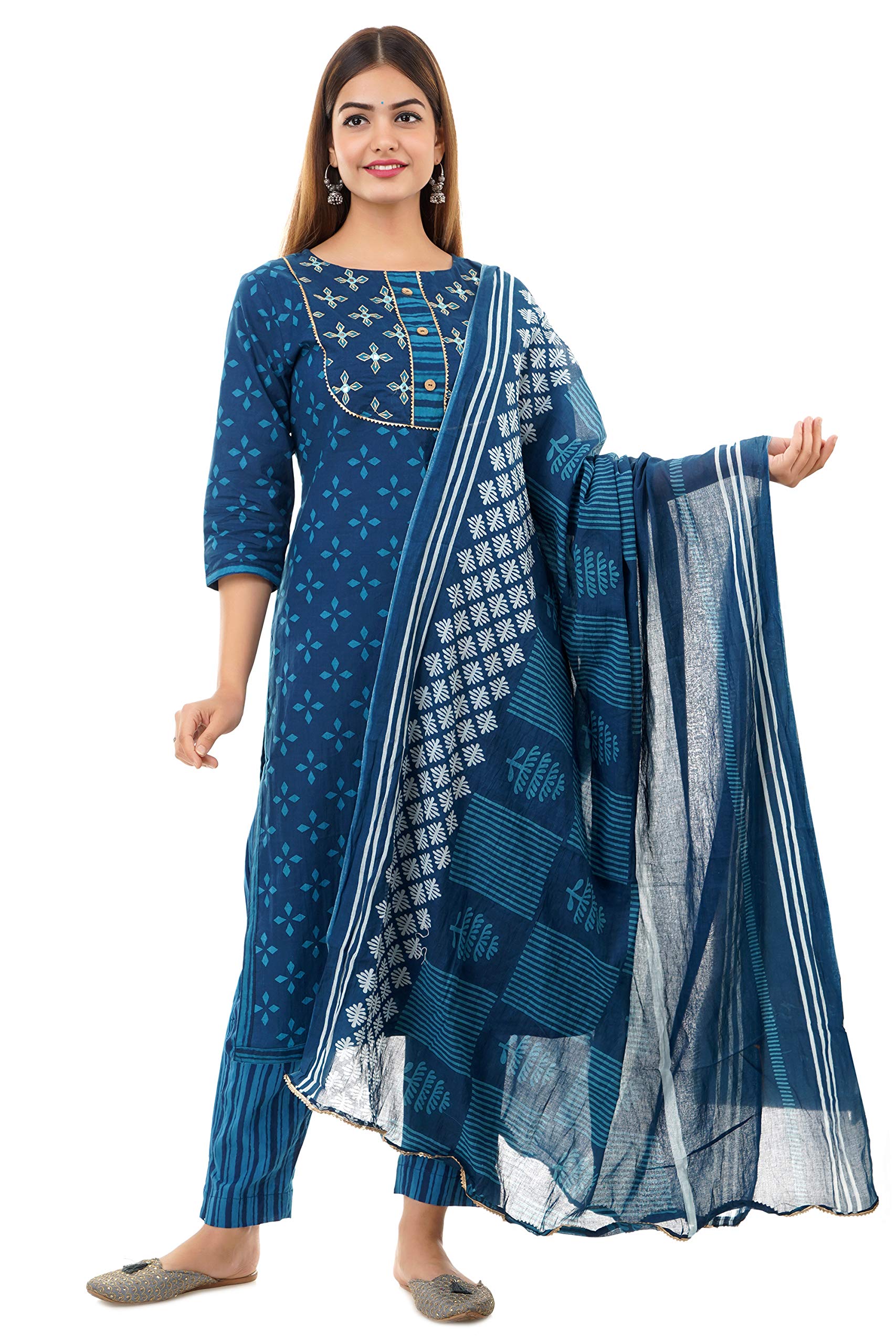 Women Cotton Kurta, Trouser/Pant & Dupatta Set (SKPD0007_Indigo Blue_XX-Large)