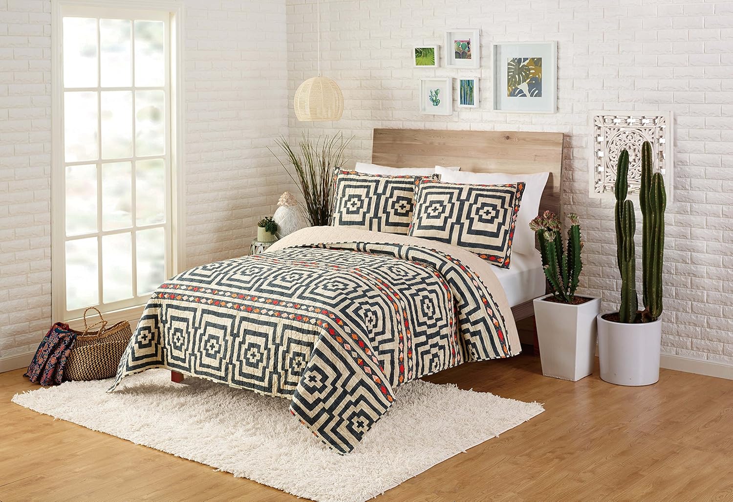 Hypnotic Black 3-Piece Cotton Quilt Set by Jungalow - Lightweight Coverlet Set, Printed Quilted Bedding Set with Shams, All Seasons, Full Queen Size