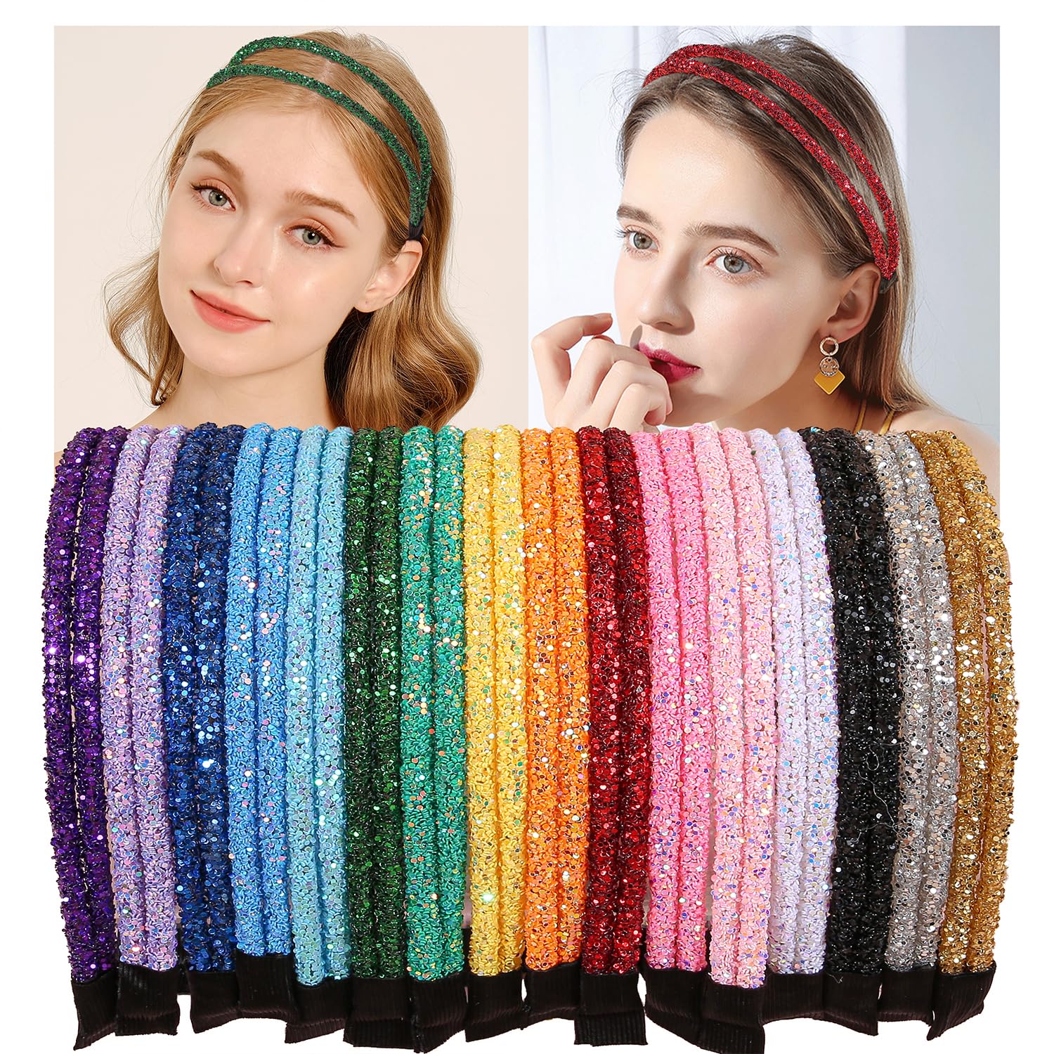 XIMA 16 Pieces Double Line Chunky Glitter Headbands for Women and Girls, Sparkly Girls' Hair Accessories